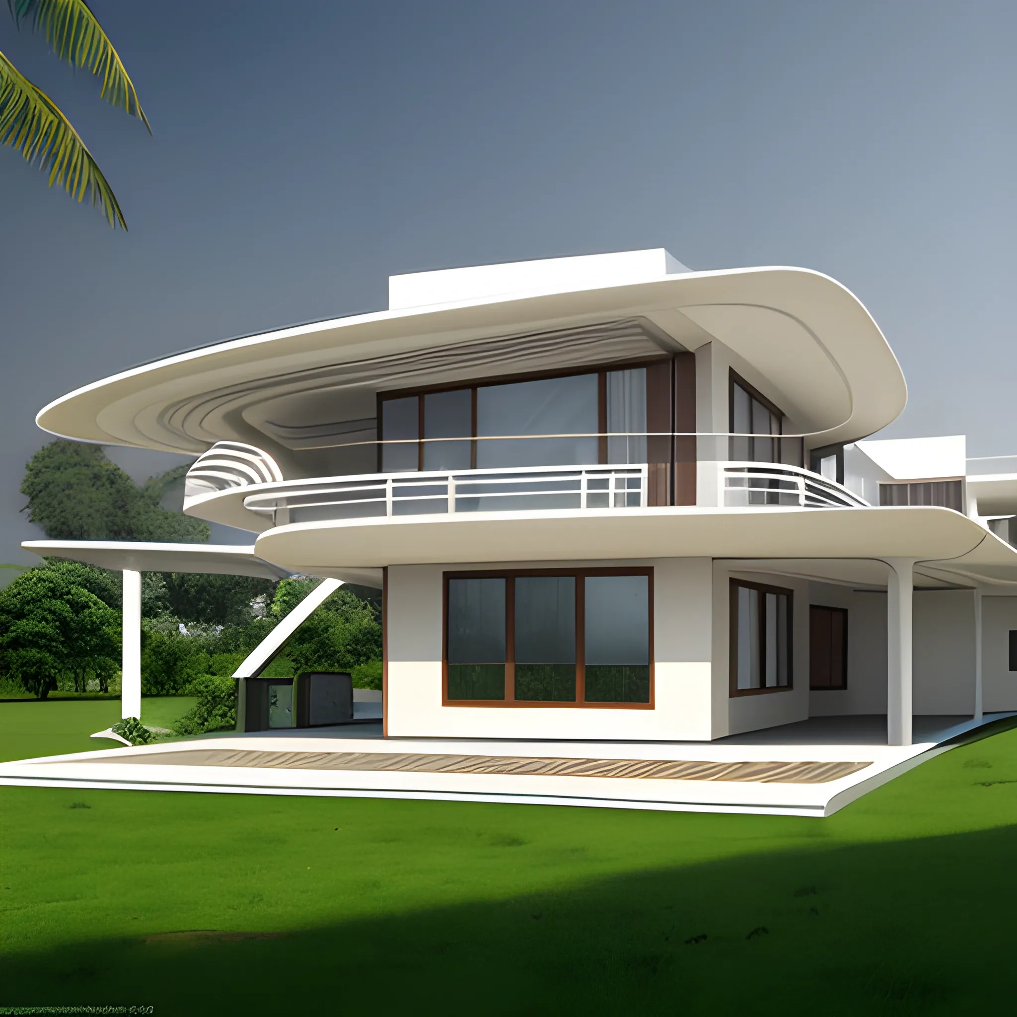 a futuristic assam type house designed by calatrava, bamboo design, realist, render, 8 k 