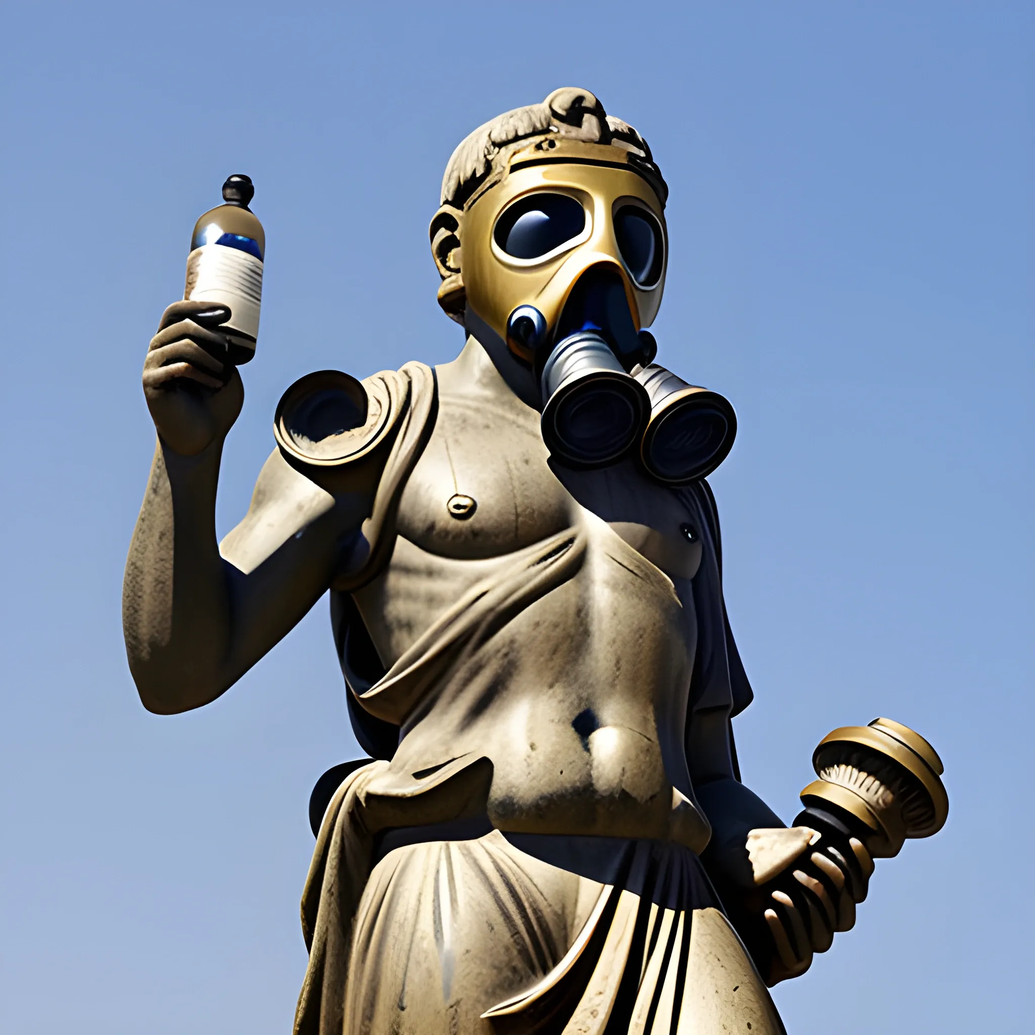 greek flying god statue with gas mask