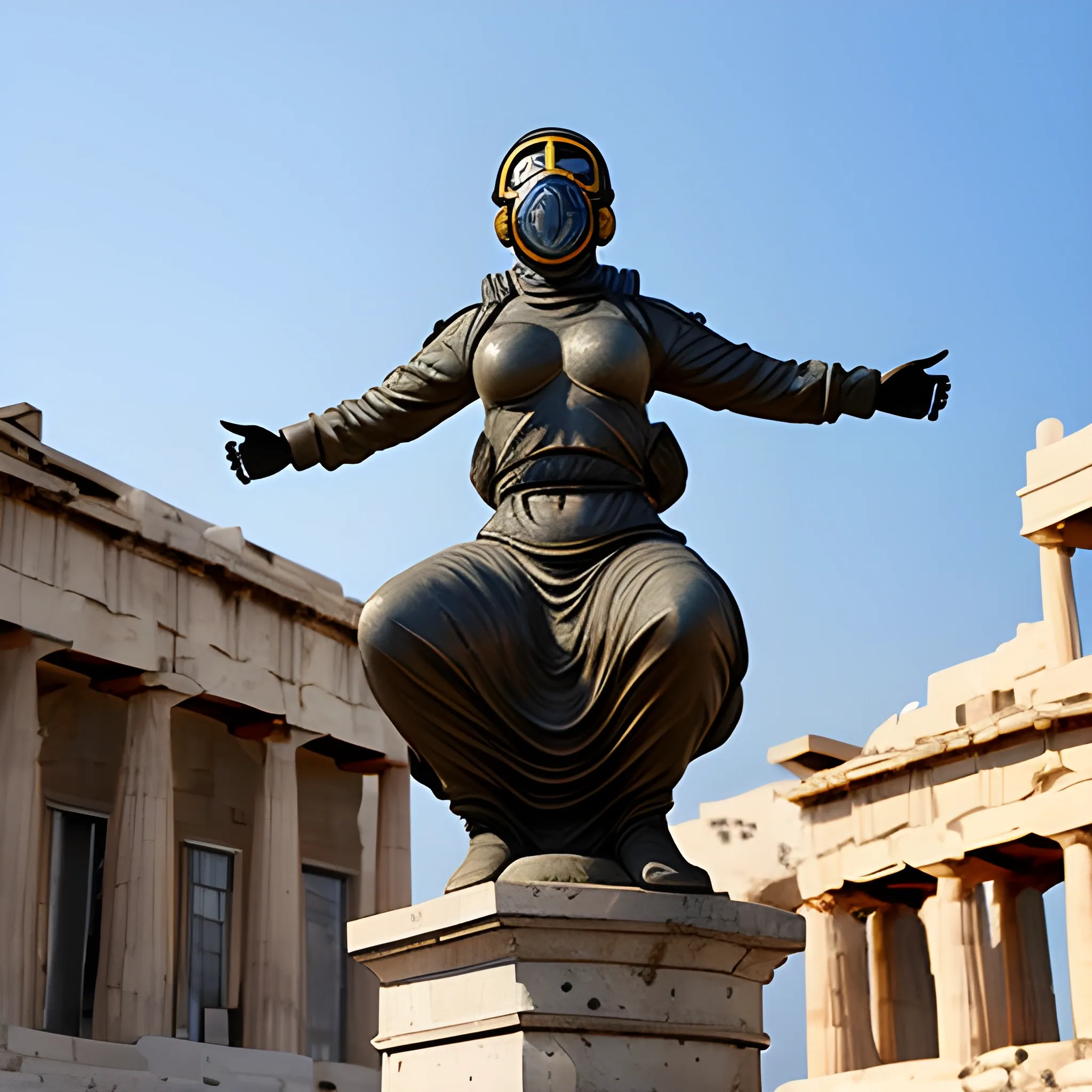 a woman greek flying god statue with gas mask