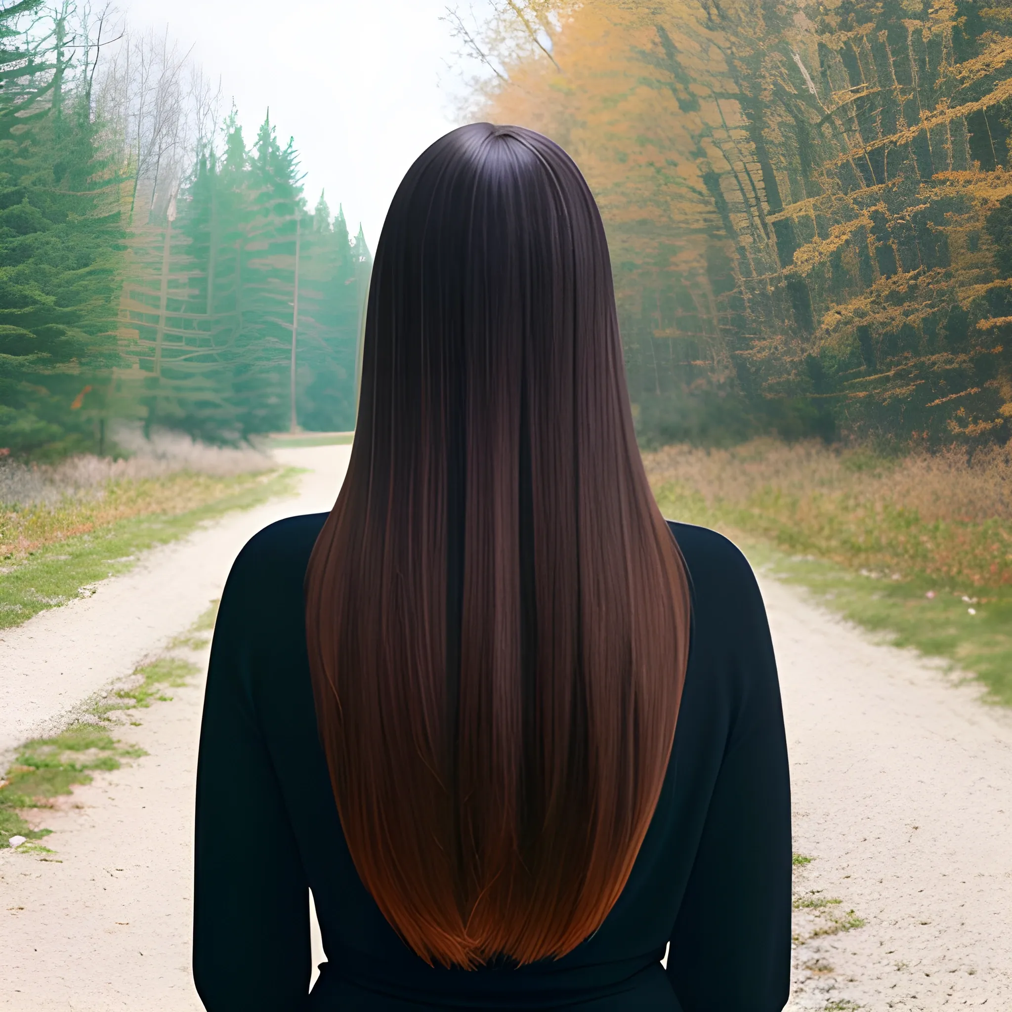 one beautiful young caucasian woman standing in front with beautiful eyes and thin lips on face has very longer straight brunette hair seen tumbling down behind her back and her on her front and back shoulders and back waist 