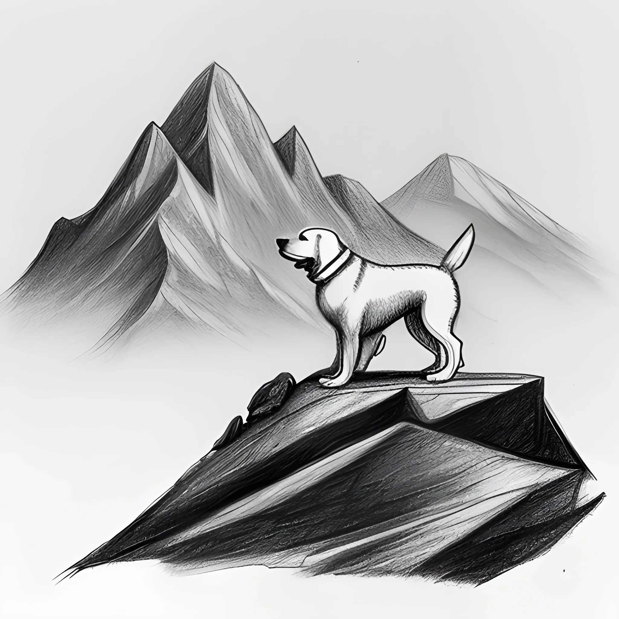 An image With white background: " A dog climbs the mountain with its owner, showcasing the cooperation and friendship between them.", Pencil Sketch