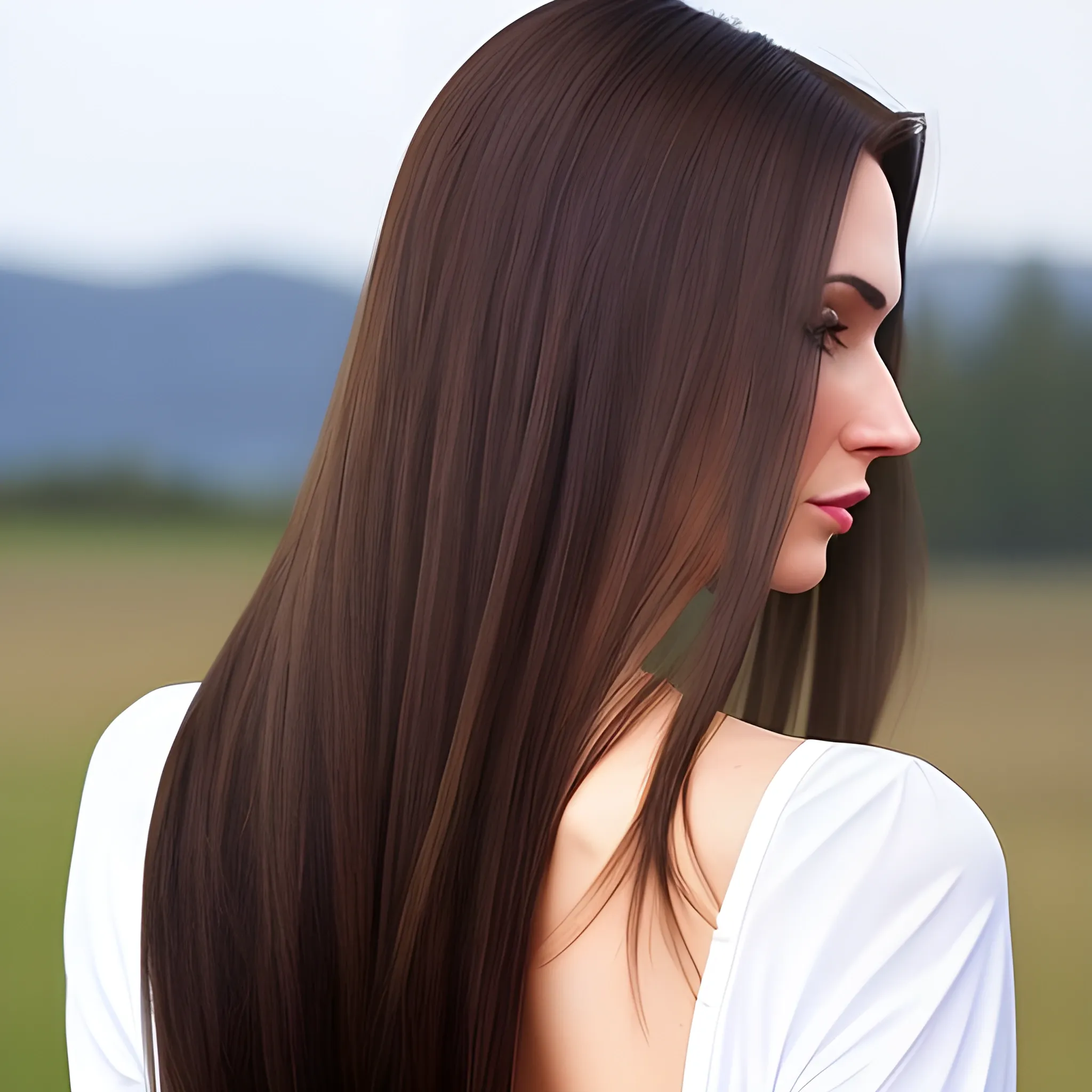 one beautiful young caucasian woman standing in front with beautiful eyes and thin lips on face has very longer straight brunette hair seen tumbling down behind her back and her on her front and back shoulders and back waist 