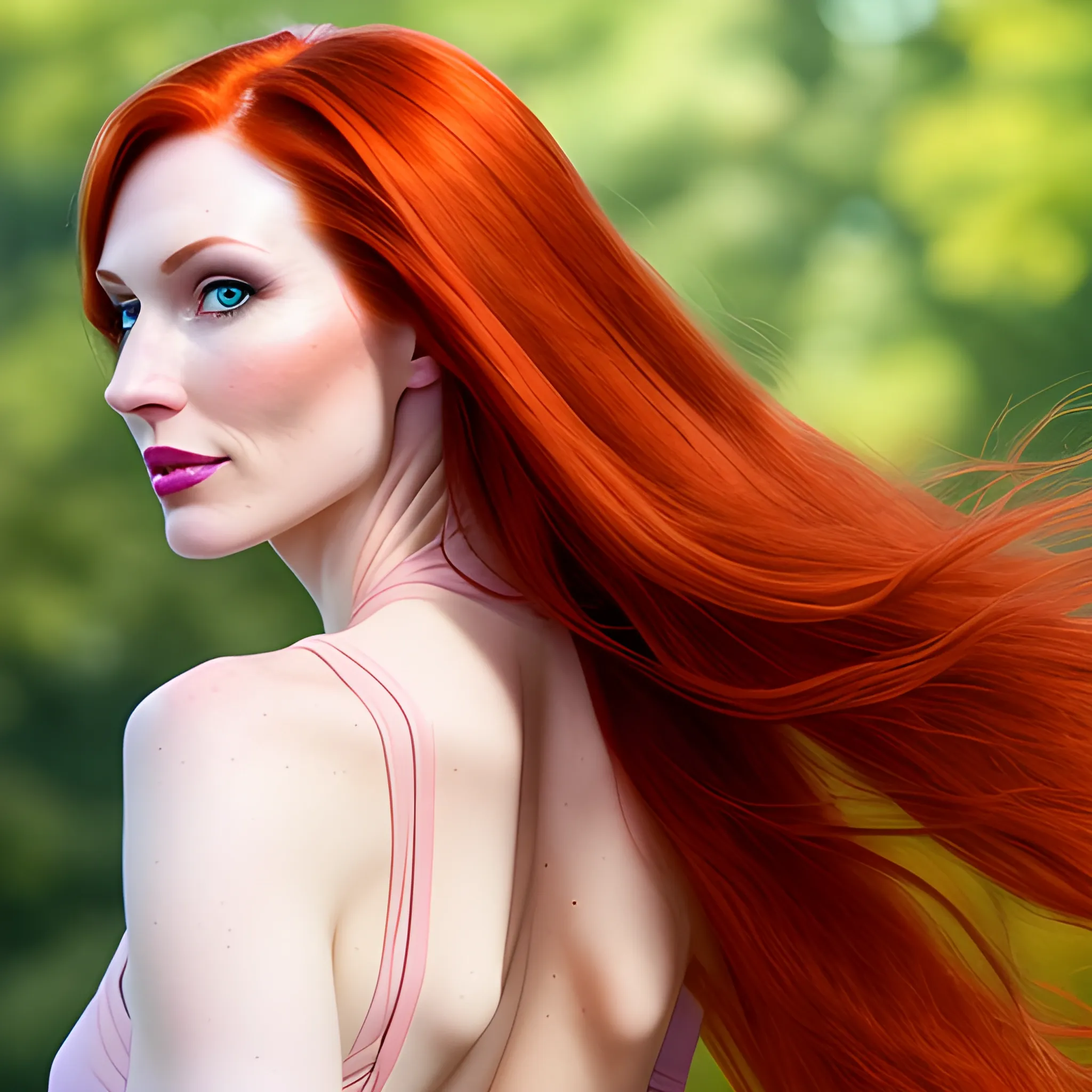 one beautiful young caucasian woman standing in front with beautiful dark green eyes and thin pink lips on face has very longer straight redhead hair seen tumbling down behind her back and her on her front and back shoulders and back waist 