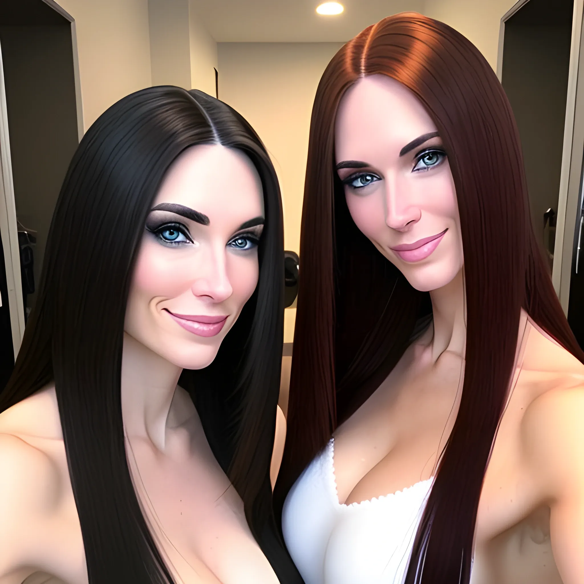 two young caucasian women both caucasian have longer straight hair both are brunette 