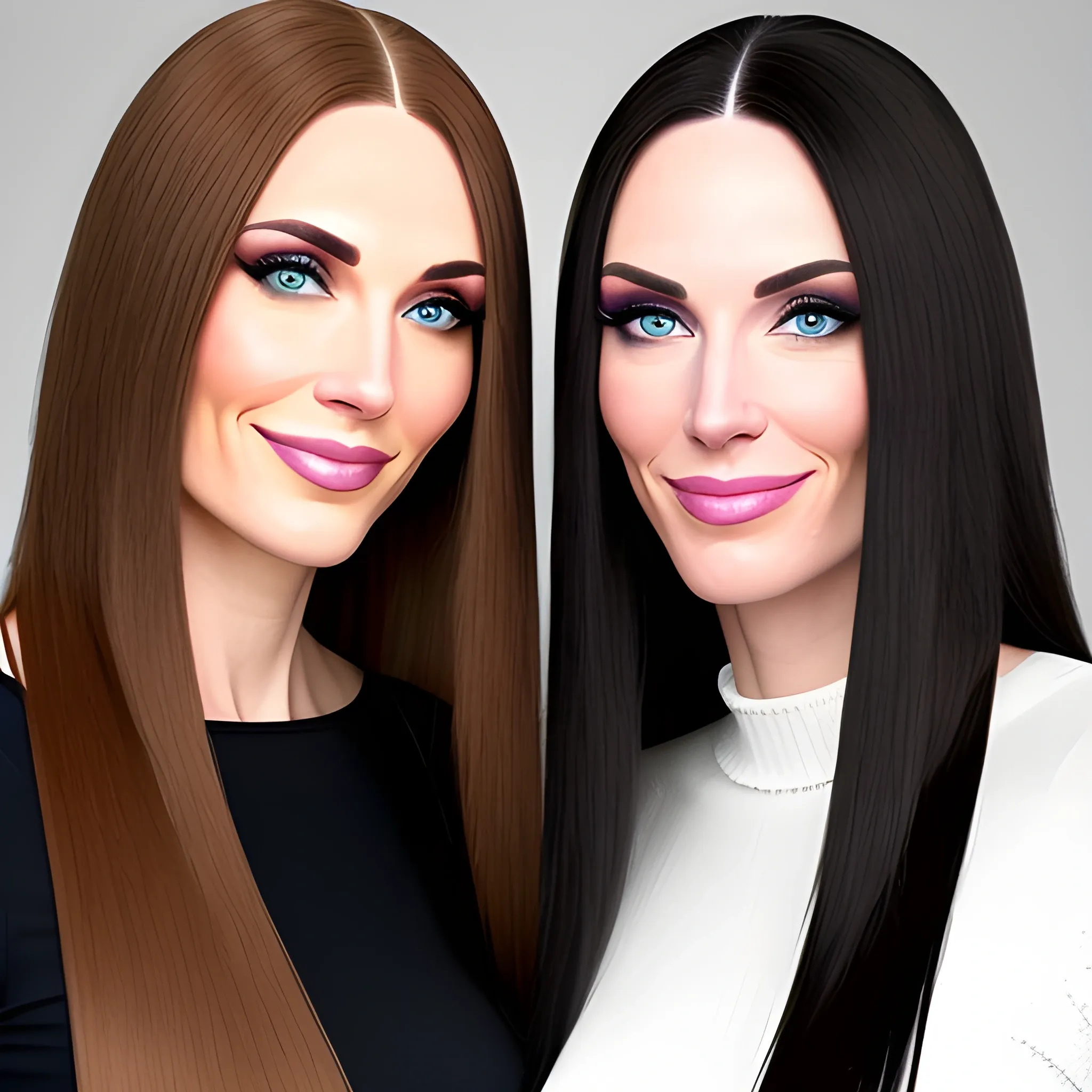 two young caucasian women both caucasian have longer straight hair both are brunette 