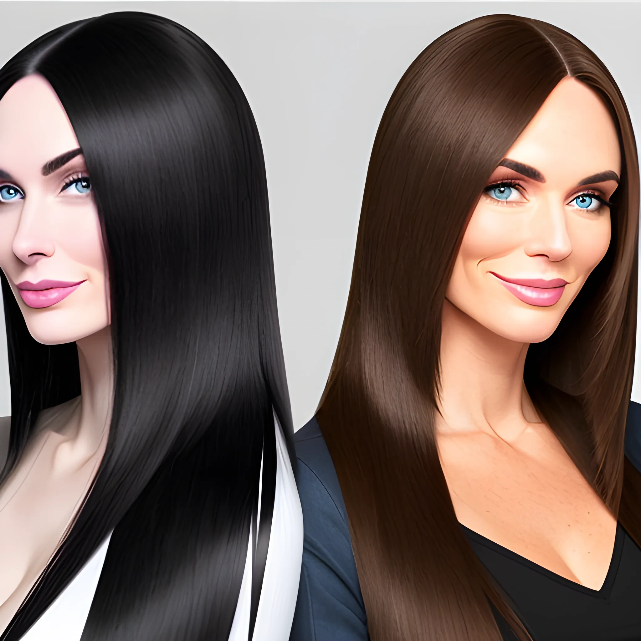 two young caucasian women both caucasian have longer straight hair both are brunette 