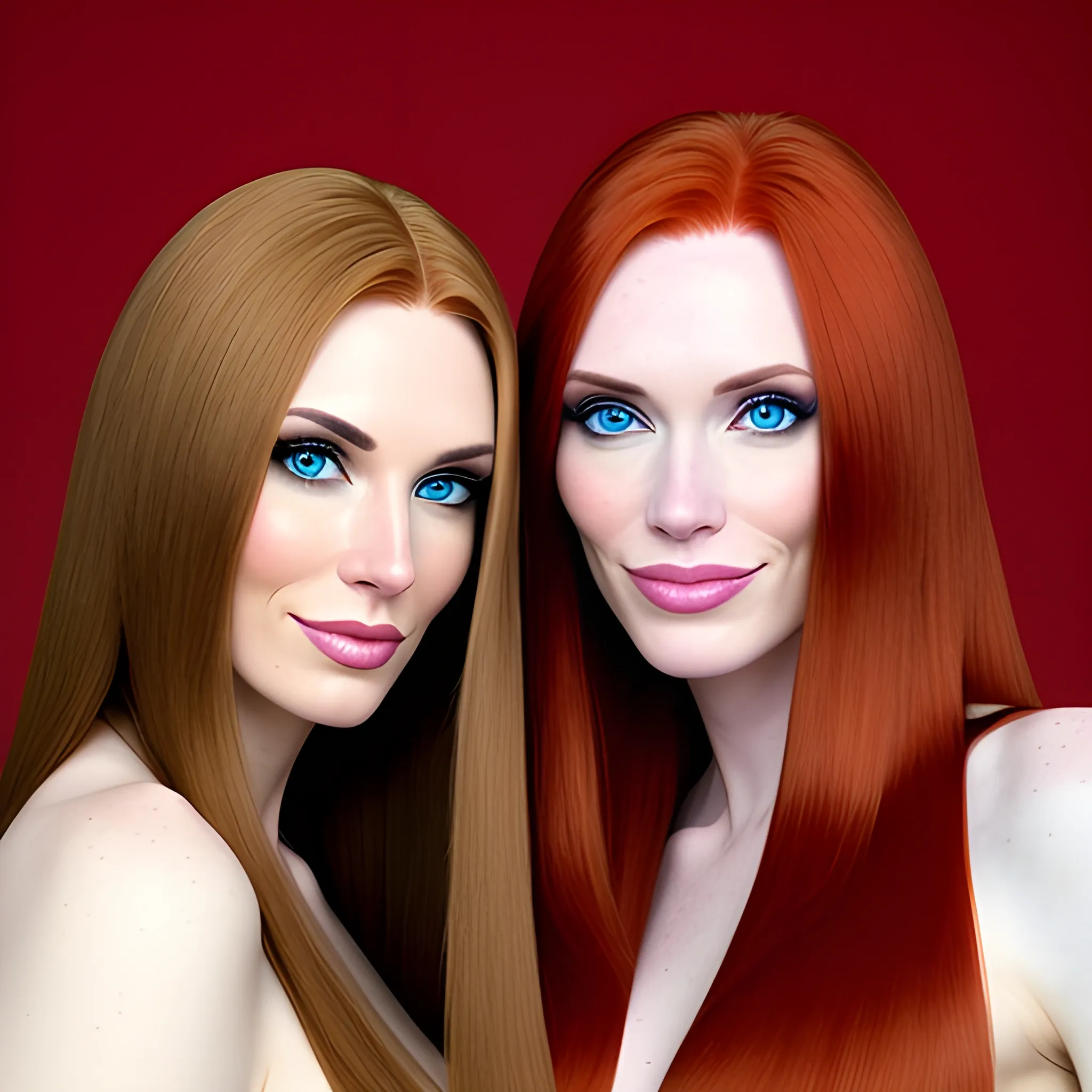 two young caucasian women both caucasian have longer straight hair one brunette one redhead 