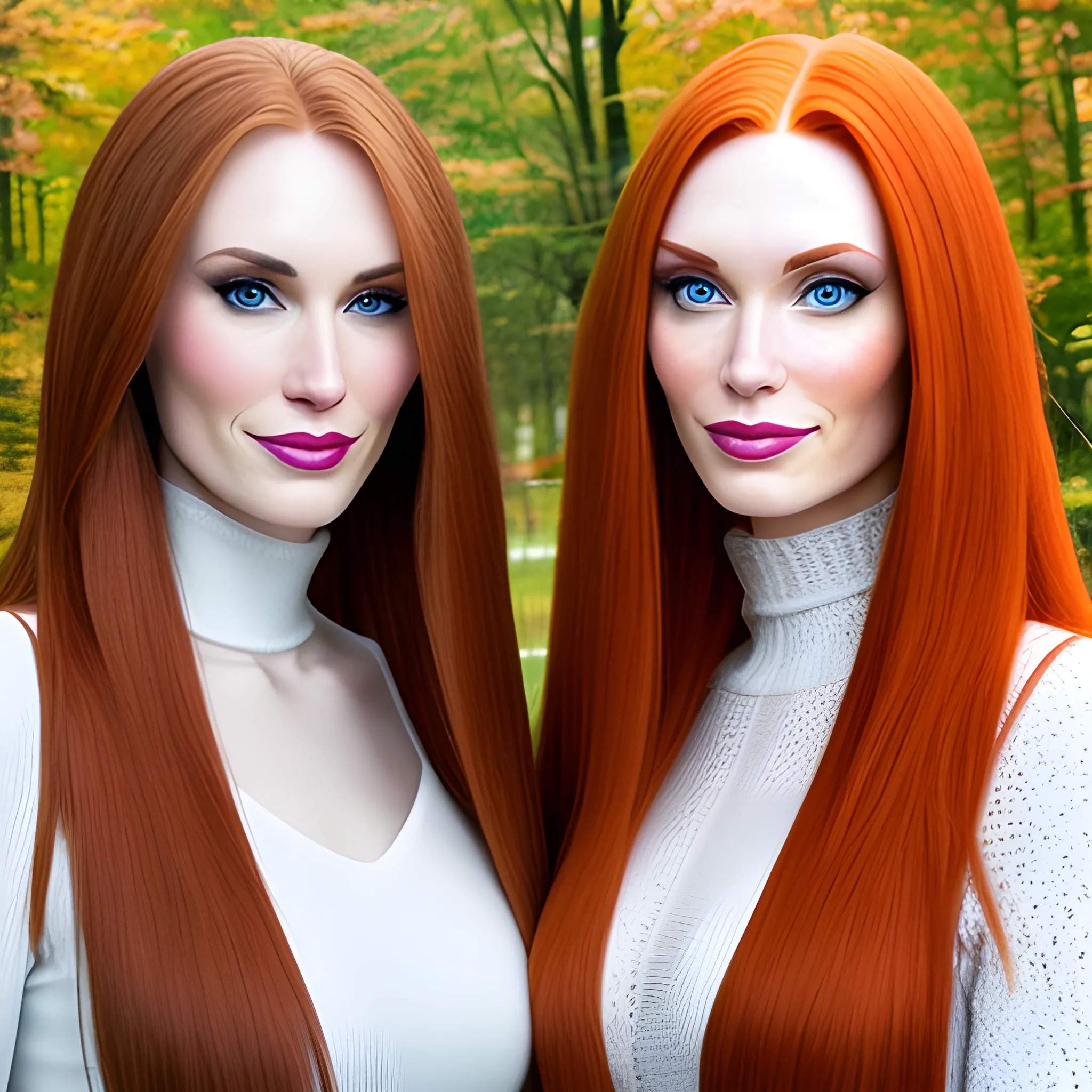 two young caucasian women both caucasian have longer straight hair one brunette one redhead 