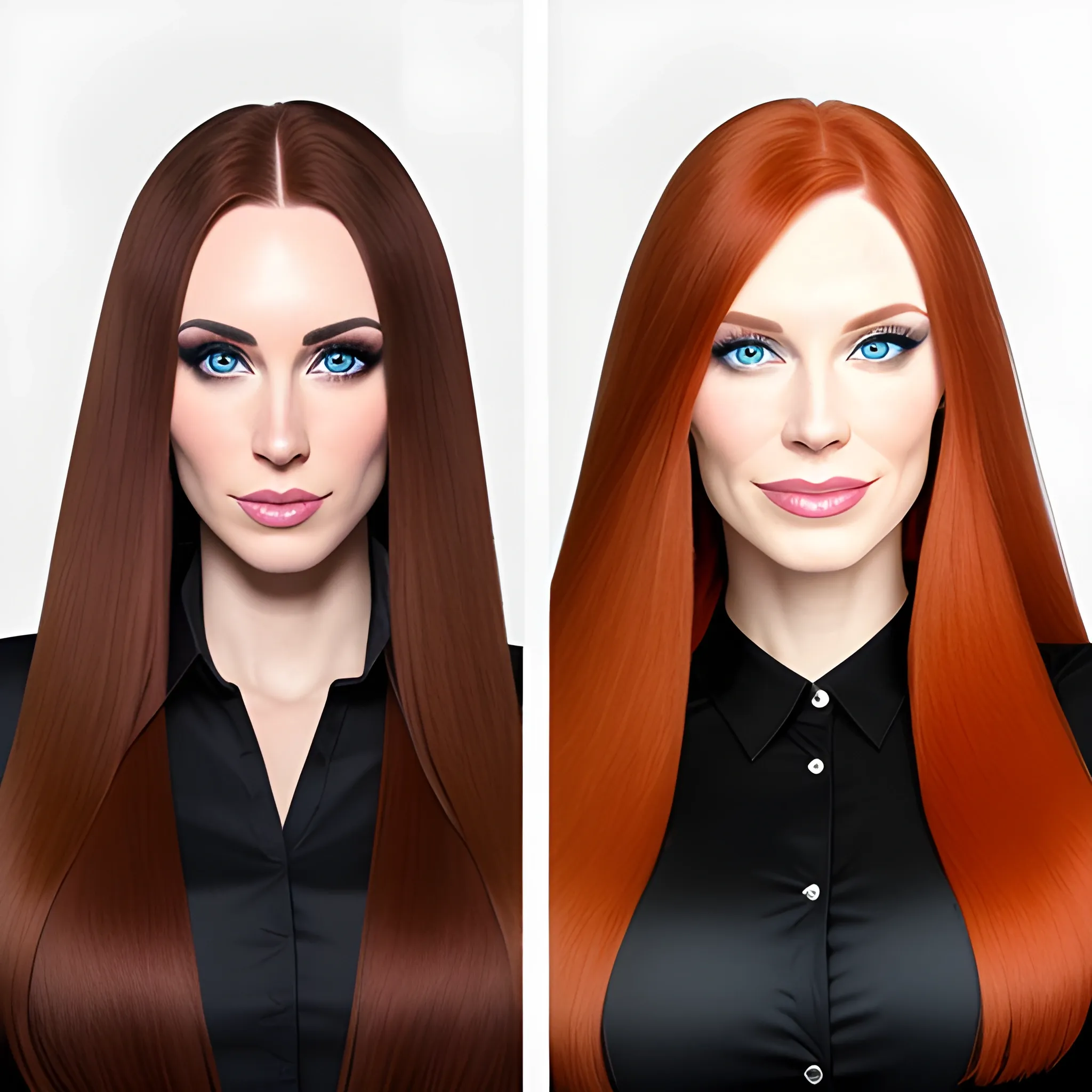 two young caucasian women both caucasian have longer straight hair one brunette one redhead 