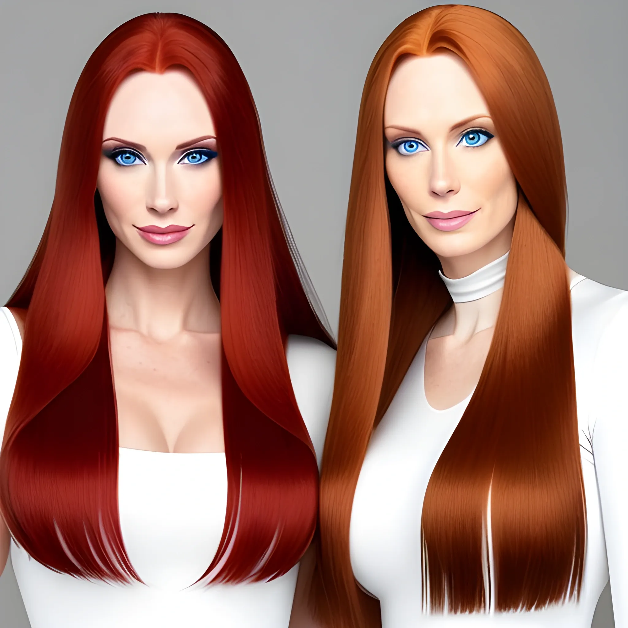 two young caucasian women both caucasian have longer straight hair one brunette one redhead 