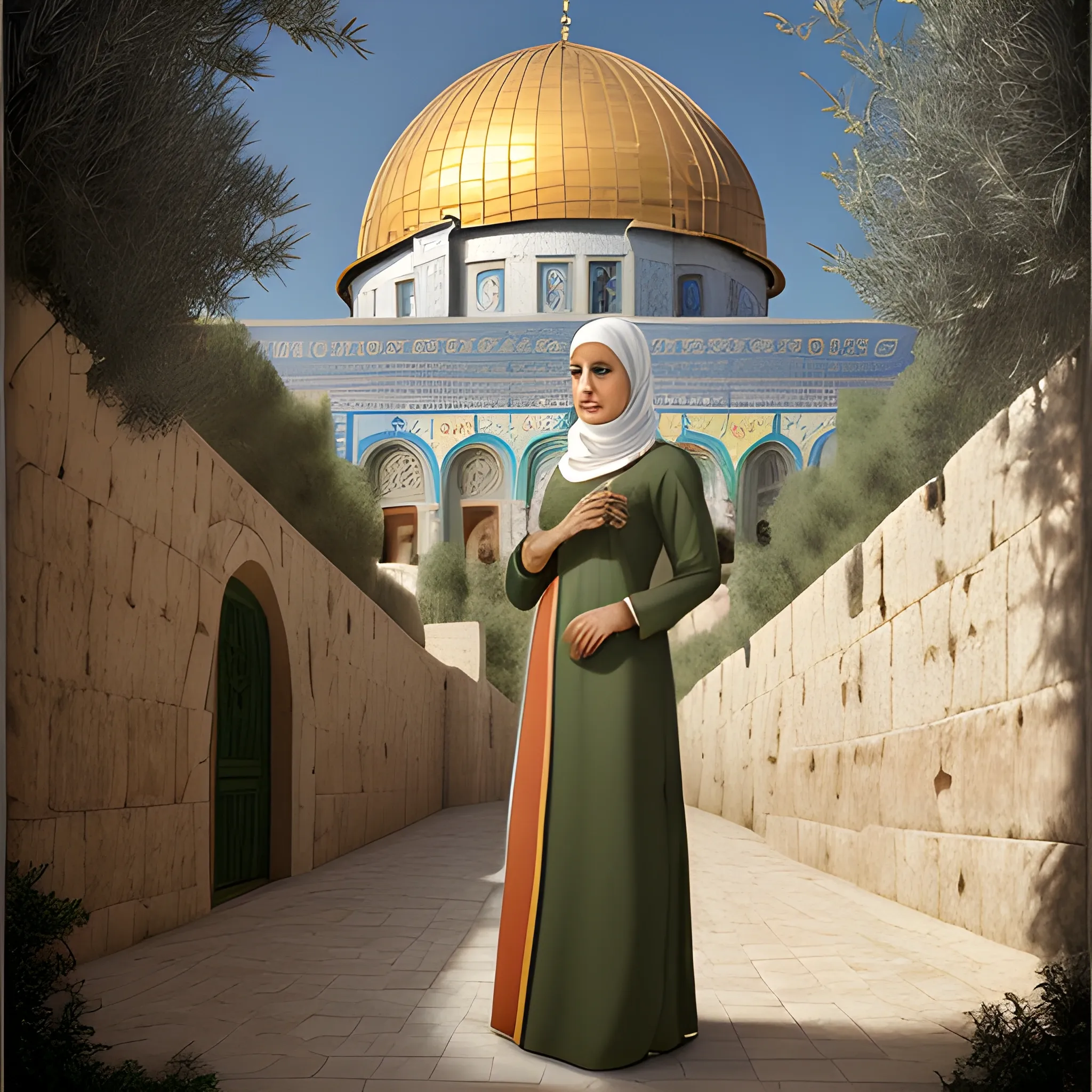 Digital artwork photo 'Palestine as a Mother': a phisiognomically flawless lady with diverse Palestinian features in a vibrant and elegant embroidered thobe. Expression: mix of hardship and hope. Holding an olive sapling and reaching out protectively. Background: blossom olive groves and the Dome of the Rock in sunset hues, symbolizing a glorious past. Wallpaper HD, HDR, 8K resolution, depth increase.