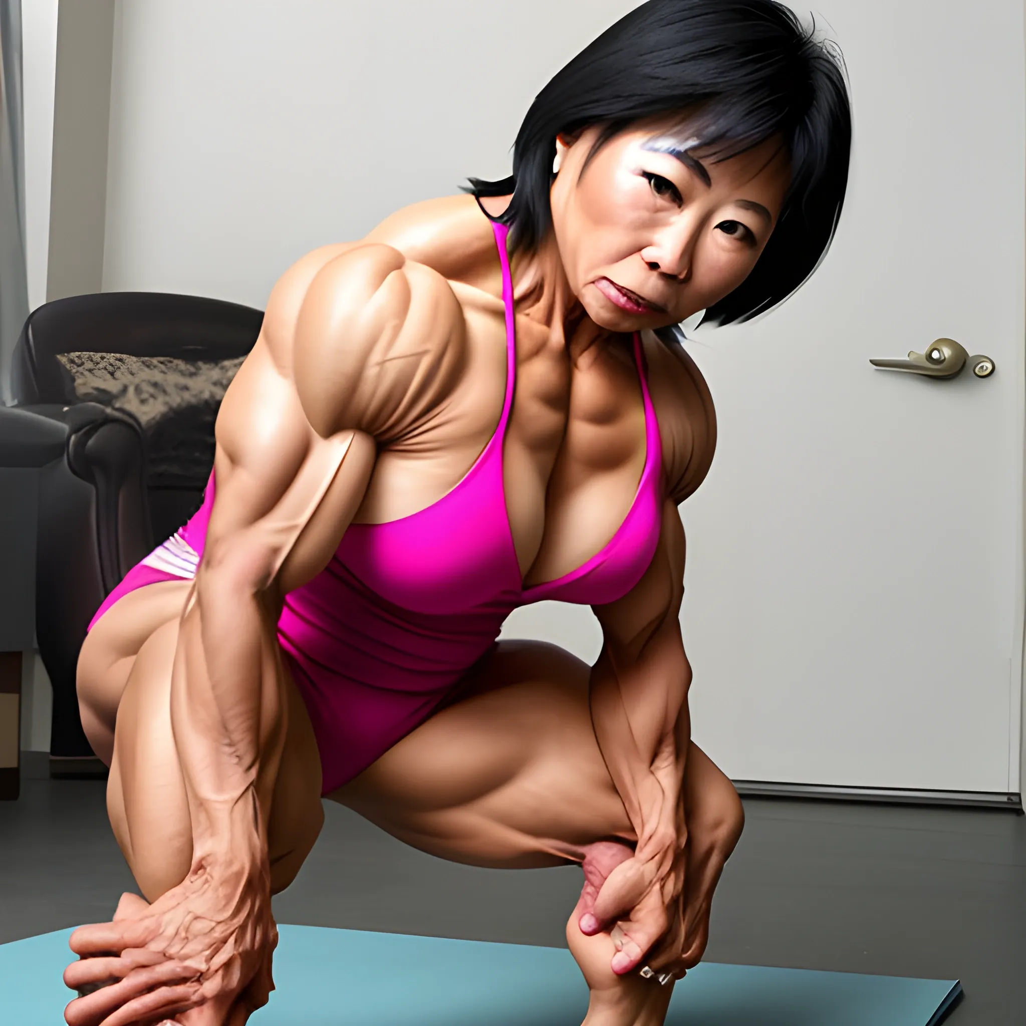 (masterpiece), (best quality), (high quality) ((middle aged in (her 50s) Asian female bodybuilder doing squats with her hands on her boobs with her pussy to my face
