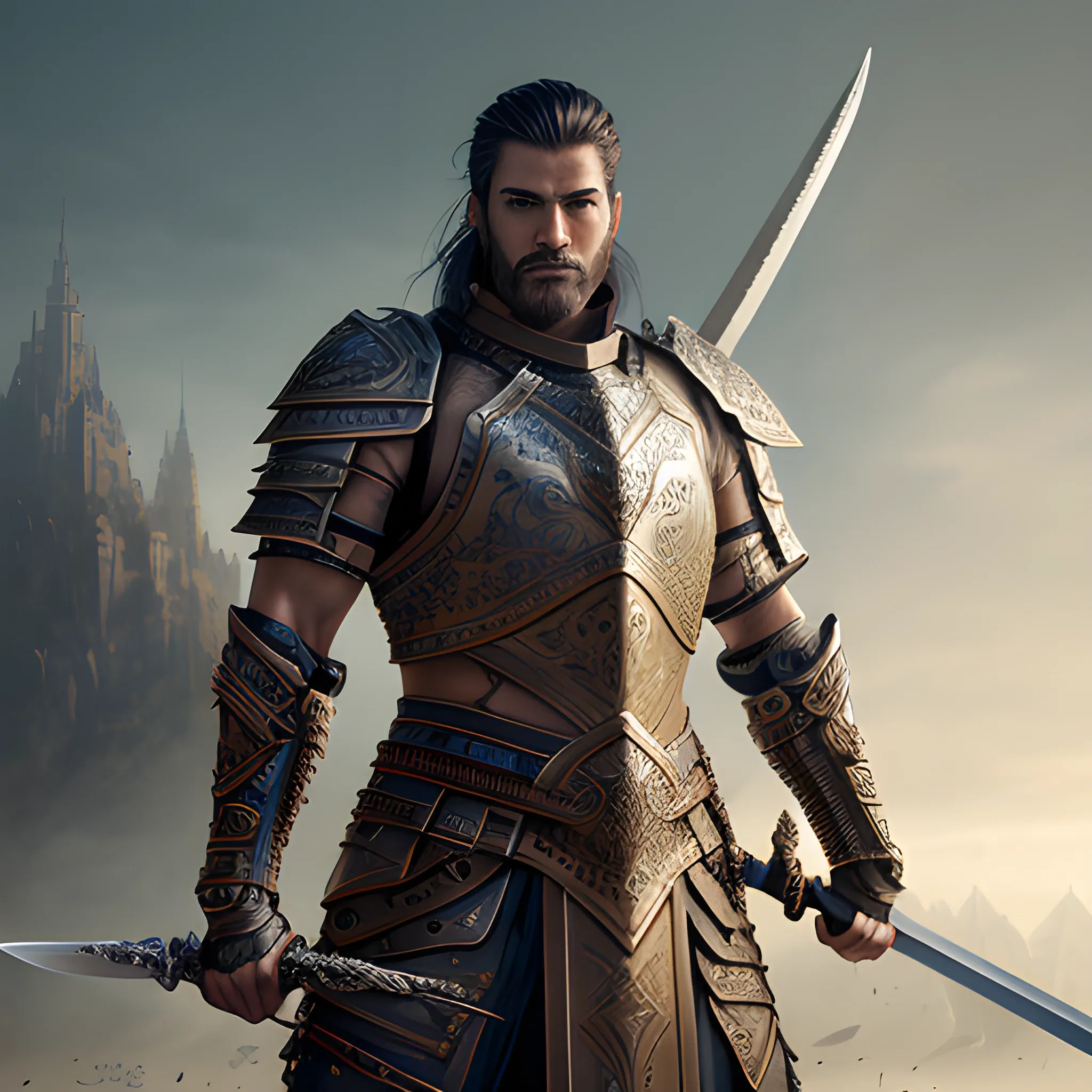 modern warrior with sword and armor, handsome, good looking man, view above waist, 8k, high resolution, high quality, photorealistic, hyperrealistic, detailed, detailed matte painting, deep color, fantastical, intricate detail, splash screen, complementary colors, fantasy concept art, 8k resolution trending on Artstation Unreal Engine, Cartoon
