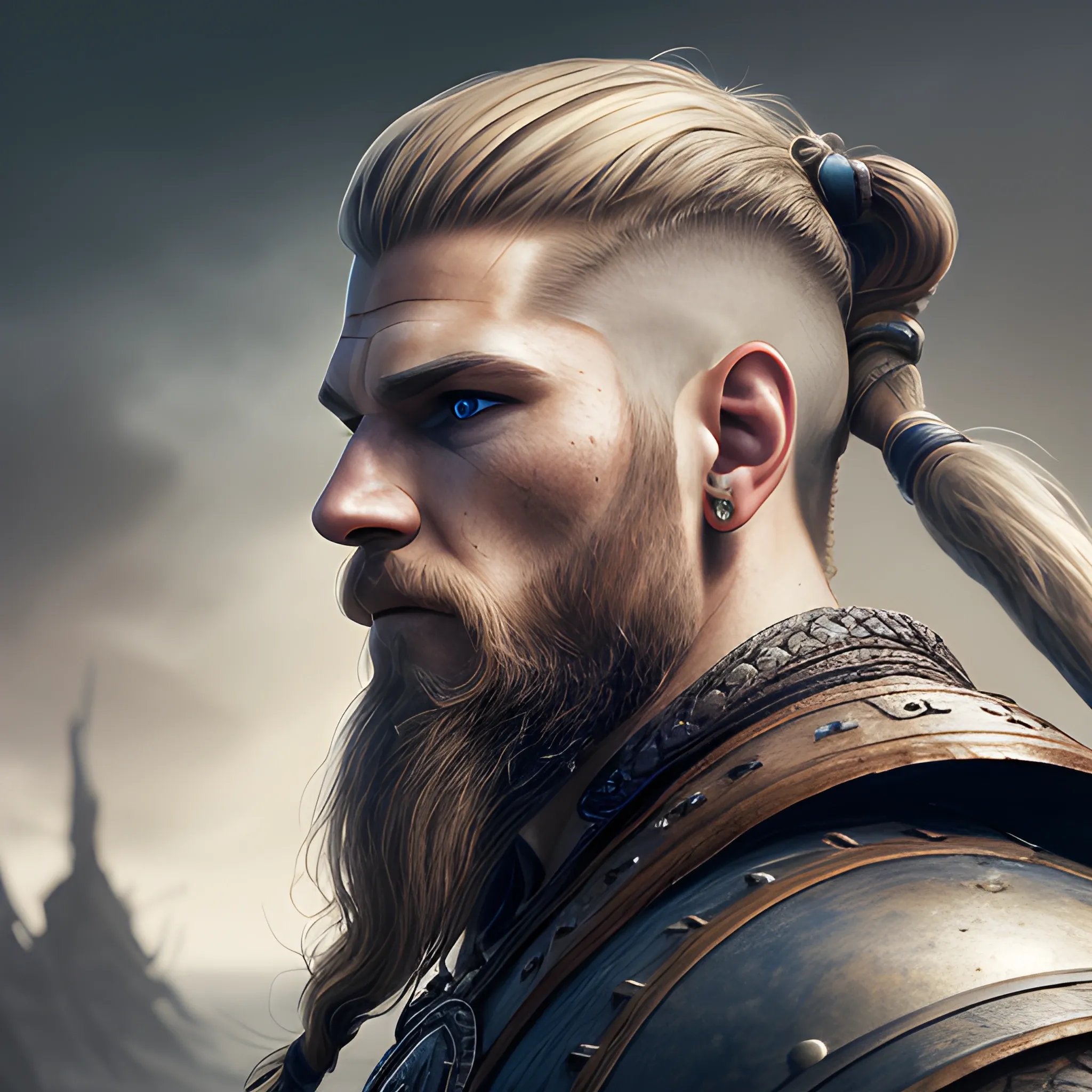 modern warrior, handsome, good looking man, side view head, viking hairstyle, 8k, high resolution, high quality, photorealistic, hyperrealistic, detailed, detailed matte painting, deep color, fantastical, intricate detail, splash screen, complementary colors, fantasy concept art, 8k resolution, pencil