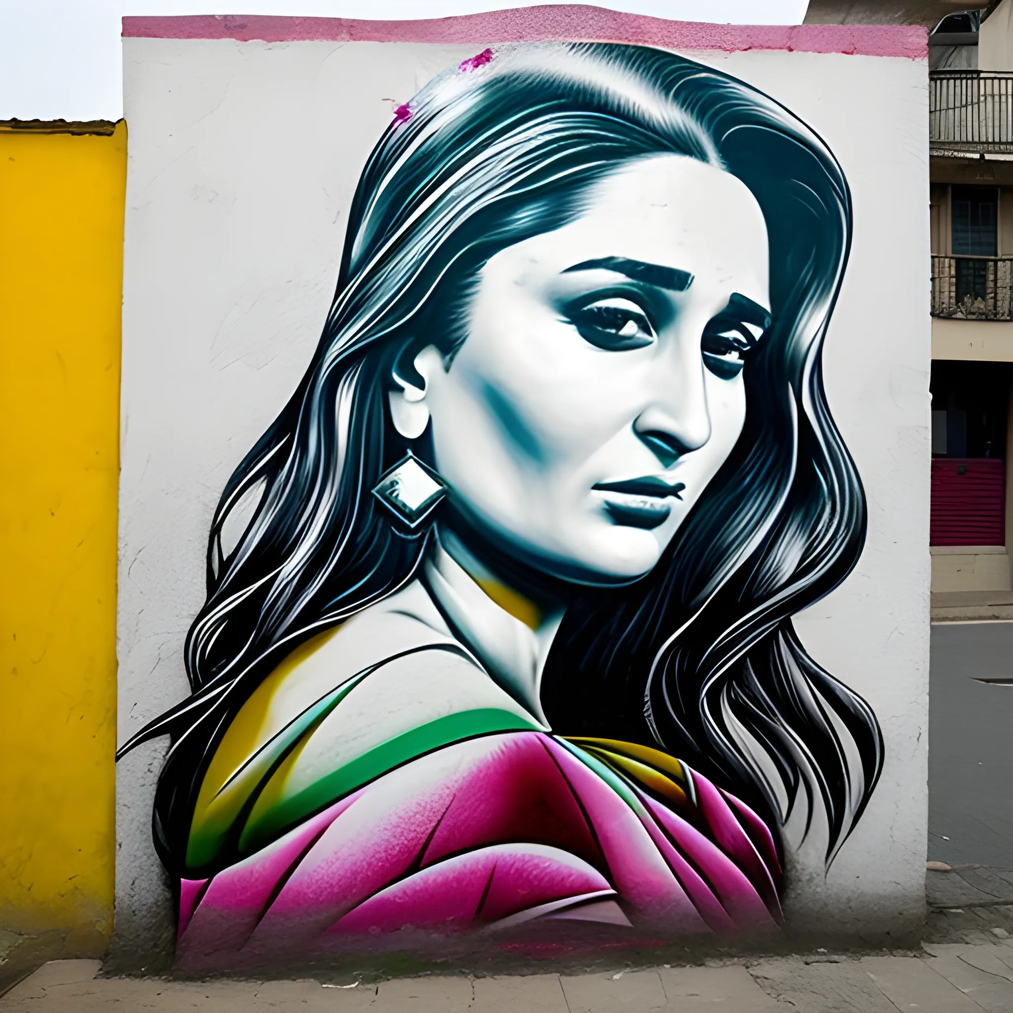 Take your artistic expression to the streets for Kareena Kapoor and create a captivating street art mural that reflects the local culture, challenges social norms, or conveys a powerful message to the community., Trippy