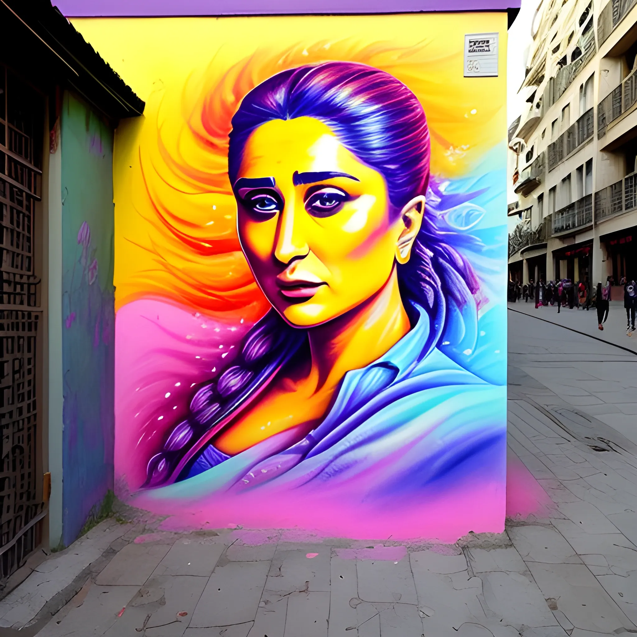 Take your artistic expression to the streets for Kareena Kapoor and create a captivating street art mural that reflects the local culture, challenges social norms, or conveys a powerful message to the community., Trippy, Water Color