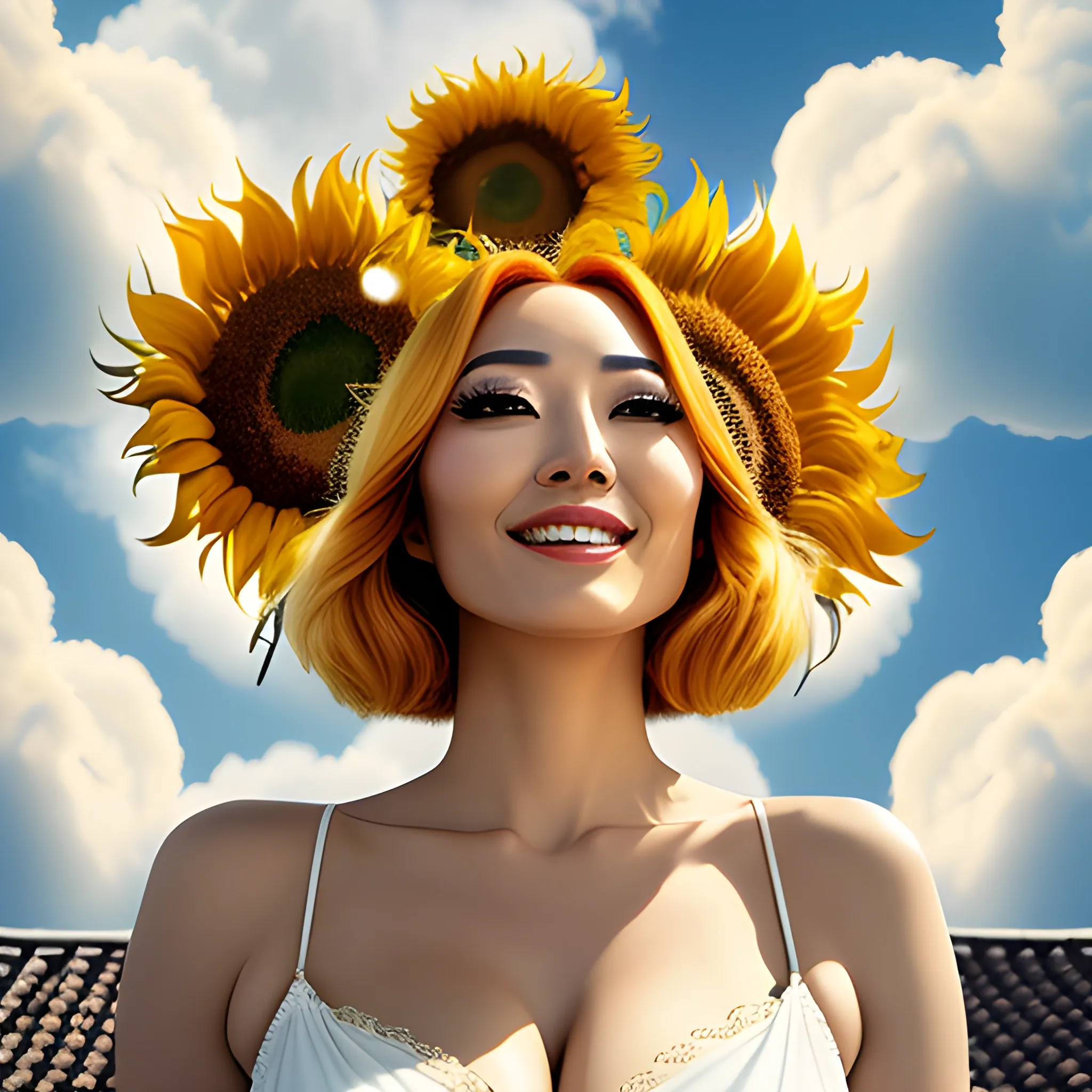 tmasterpiece, high high quality, cinematic Film still from, one-girl,Golden hair,Sunflowers are worn on the head, floating in sky, Cloud Girl, Clouds, (closeup cleavage: 1.1), brightly, cheerfulness, intriguing, gentlesoftlighting, (bauhause, Shape, lineworks, abstracted: 1.1), asian