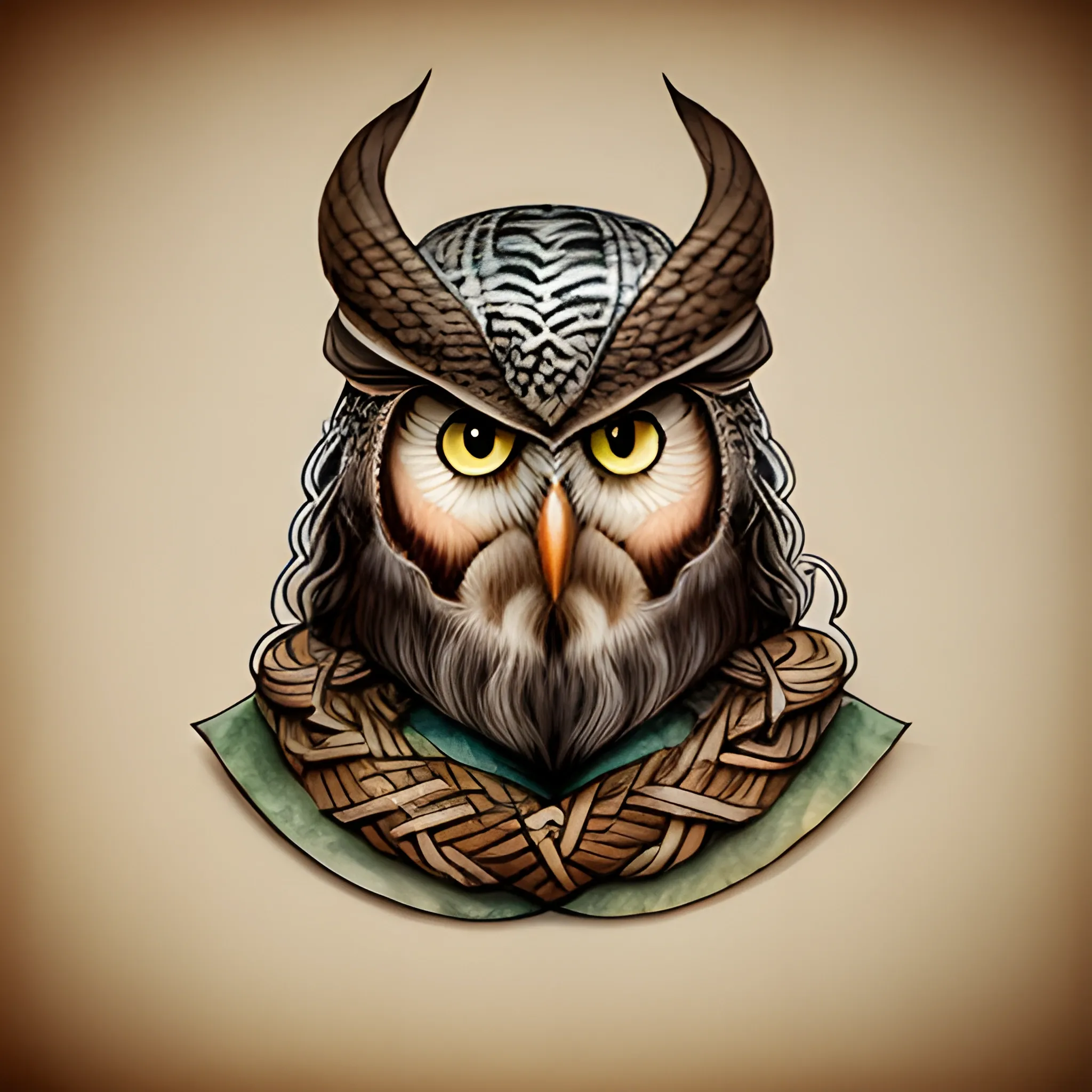 Can you give me a mix of snake and owl in viking look?, Cartoon, 3D, Water Color