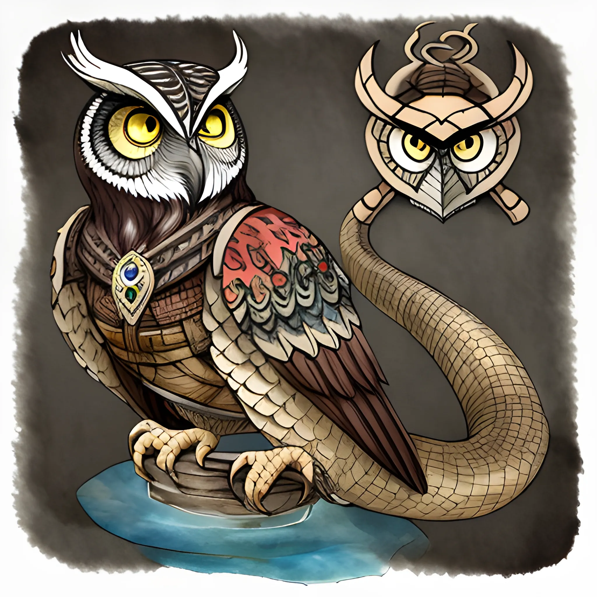 Can you give me a mix of snake and owl in viking look?, Cartoon, 3D, Water Color, Trippy