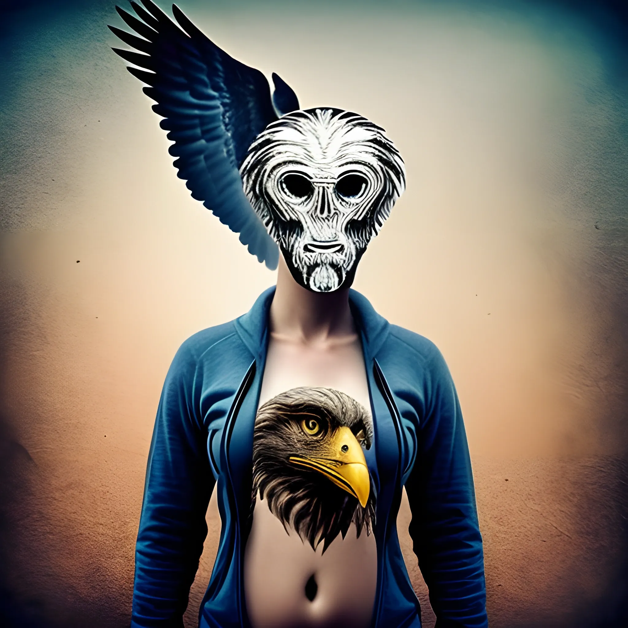 In a picture with a human body and an eagle head, there is also a person holding a gun., Trippy