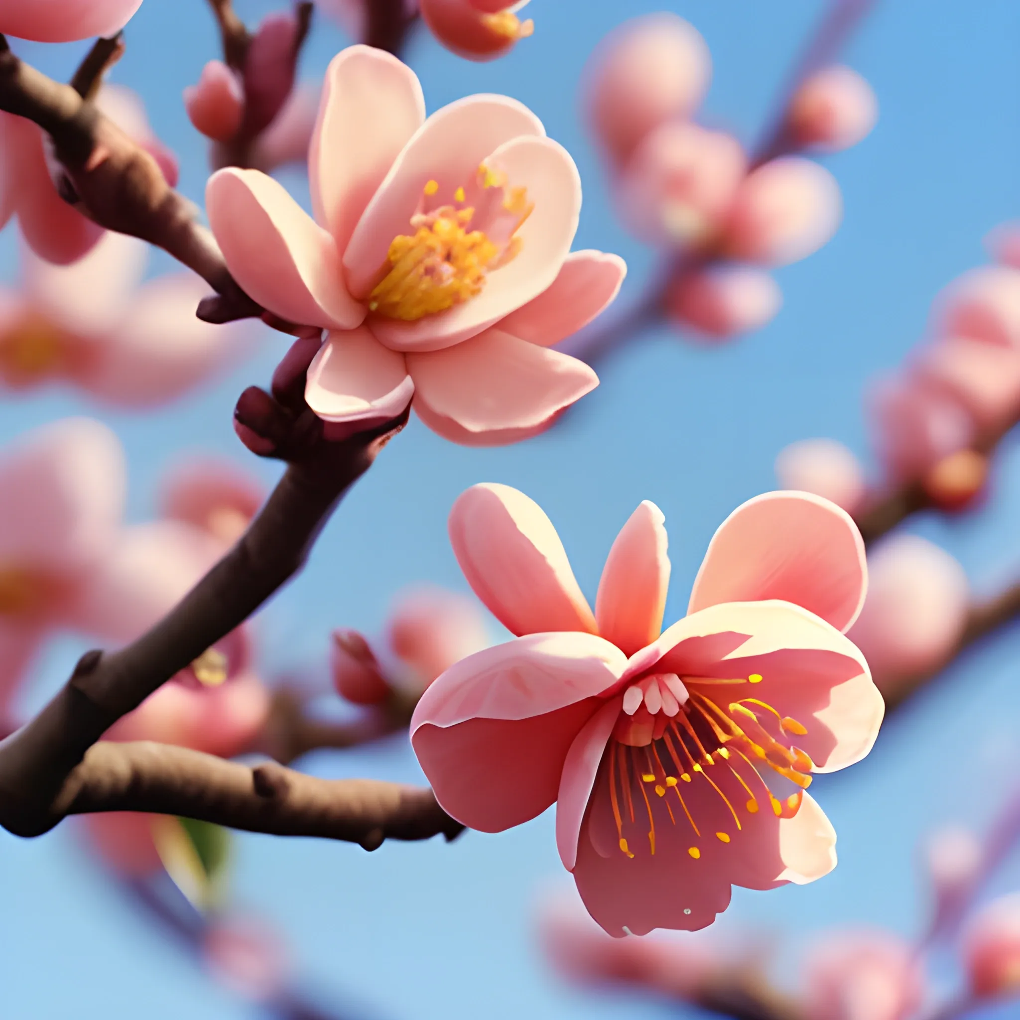 plasticine, peach blossom orchard, close up of one beautiful peach blossom tree in full bloom, early spring, cinematic