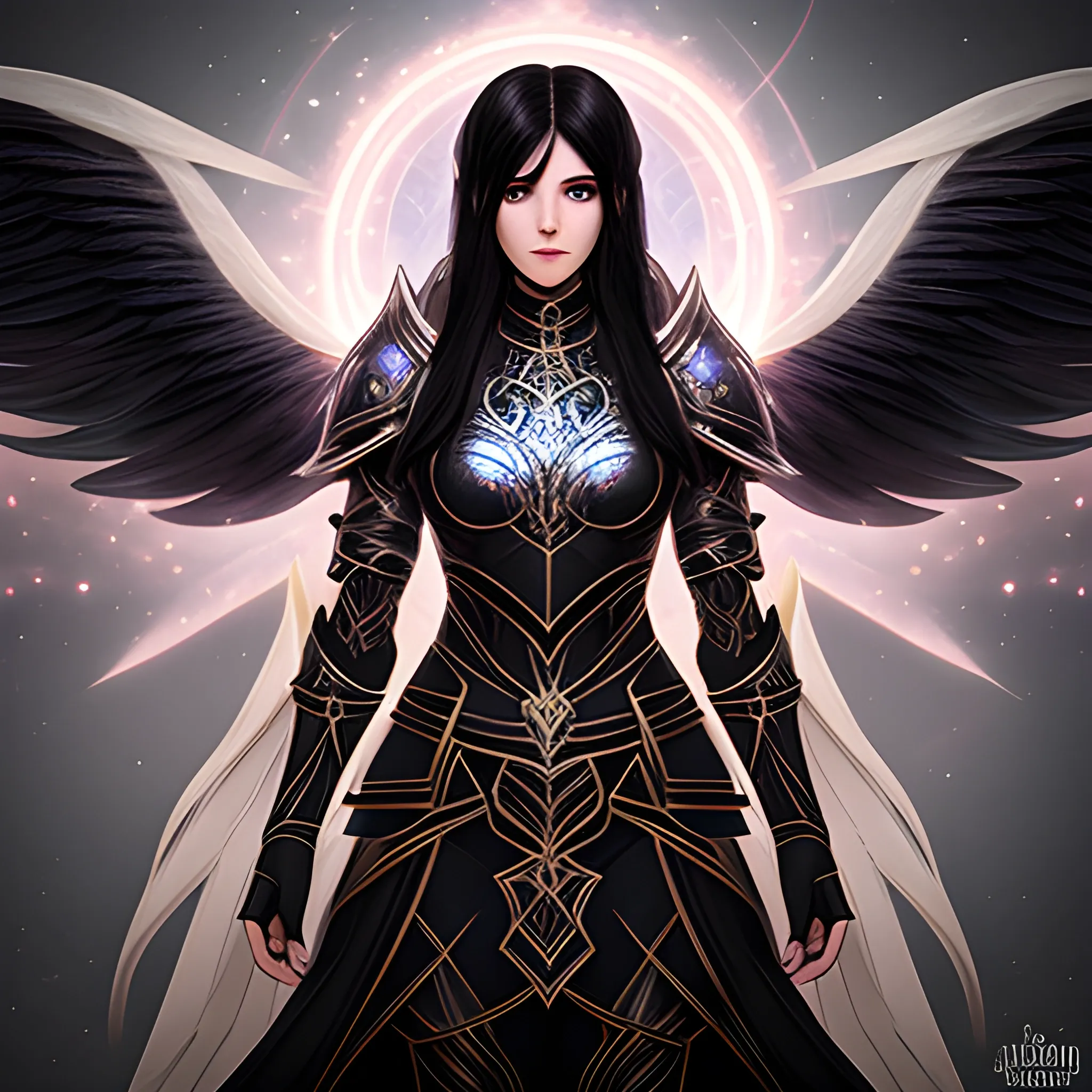 black haired aasimar in light armor
, Trippy