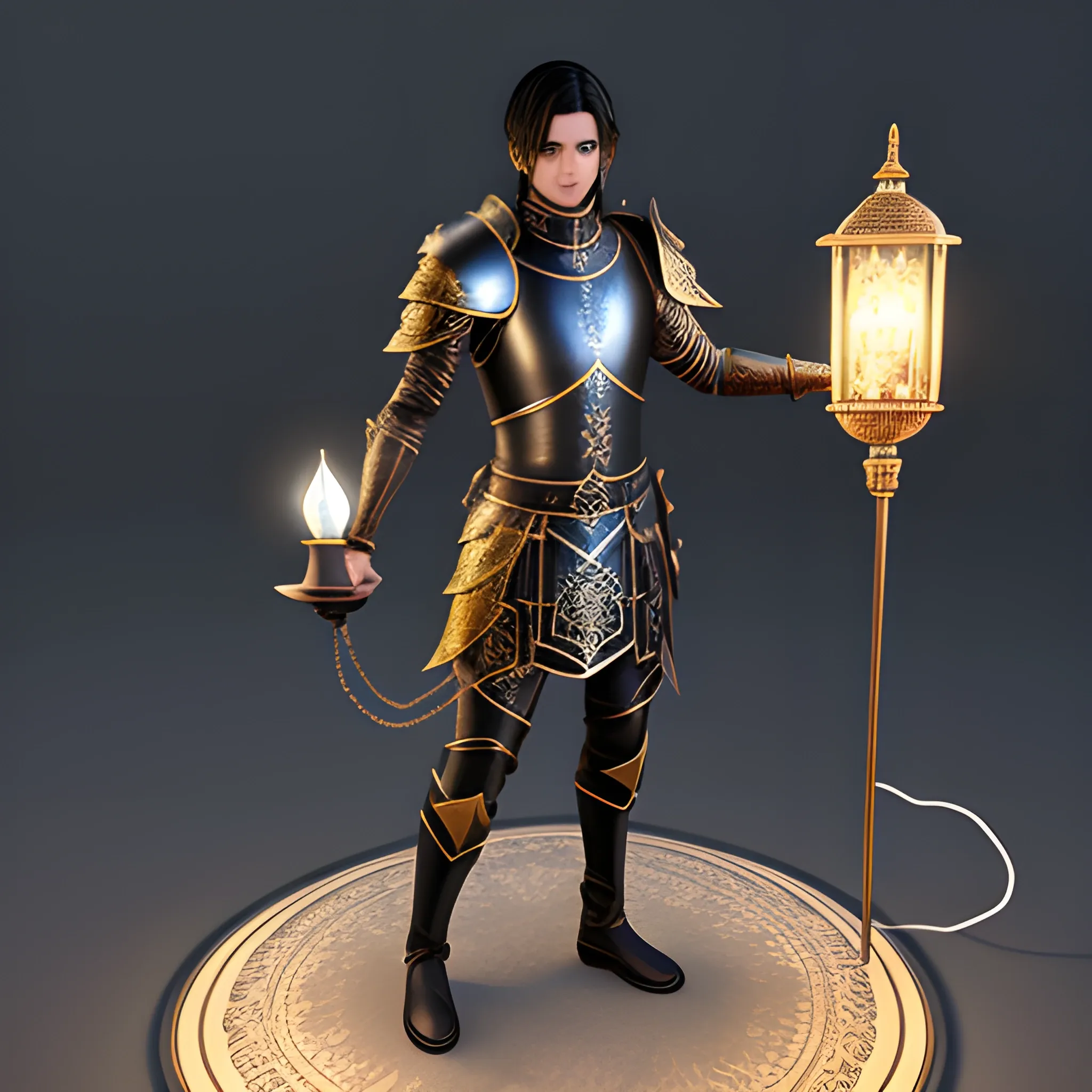black haired male aasimar in leather armor holding a jinn lamp
, Trippy, 3D