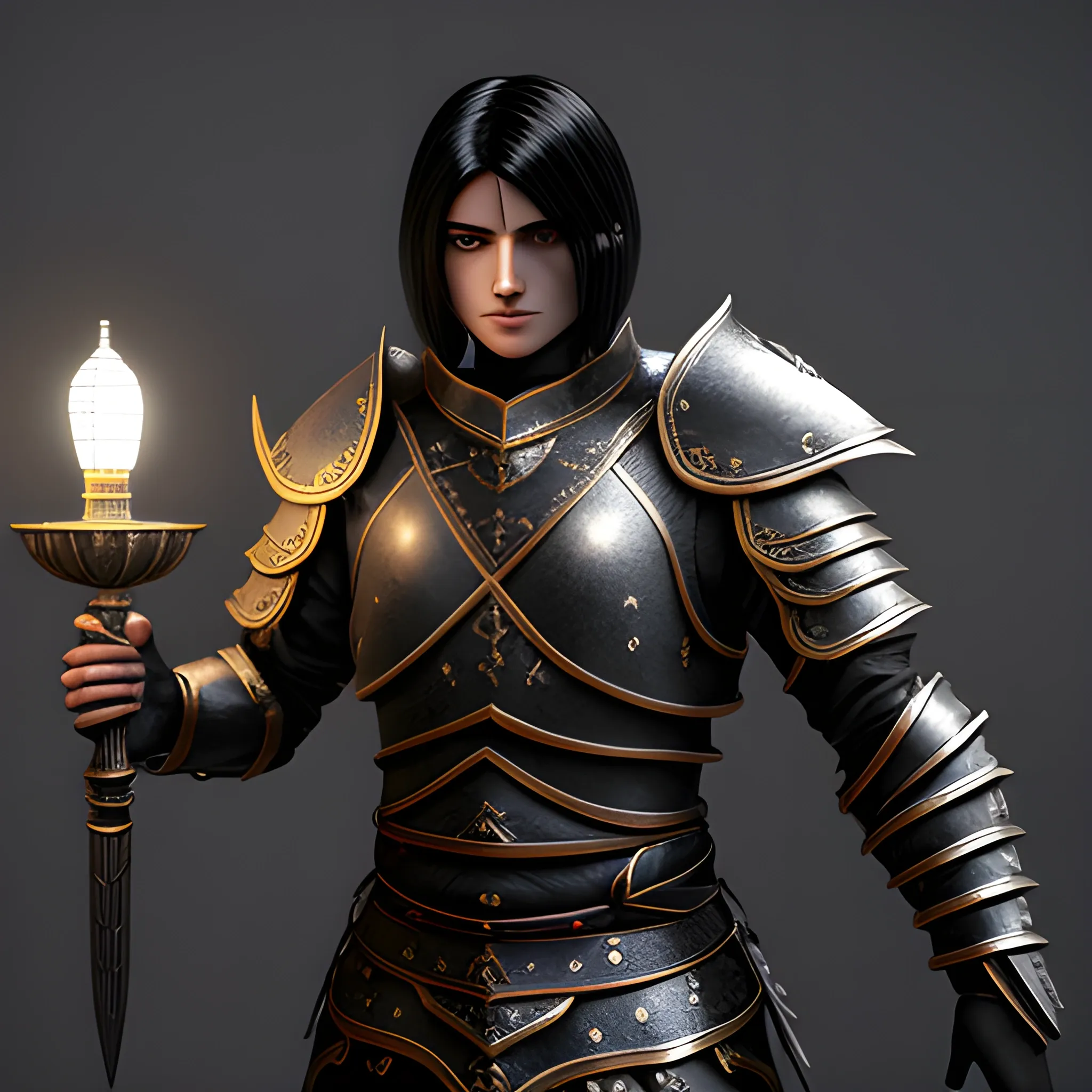 black haired male aasimar in leather armor holding a jinn lamp
, Trippy, 3D
