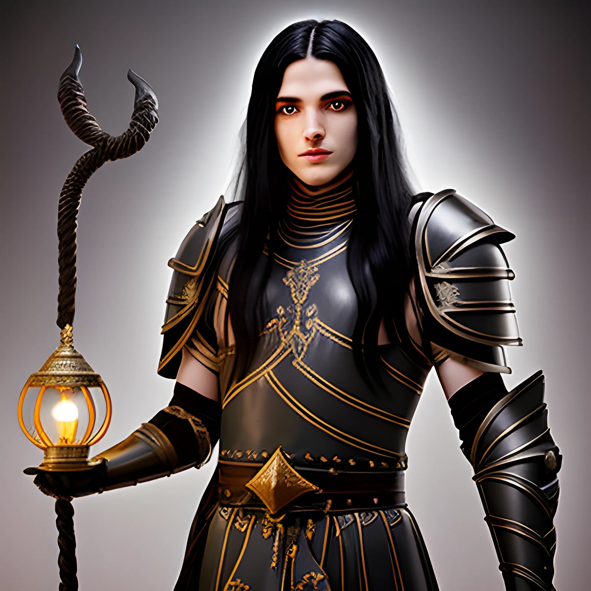 long black haired, male, aasimar, wearing leather armor, holding a djinni lamp

