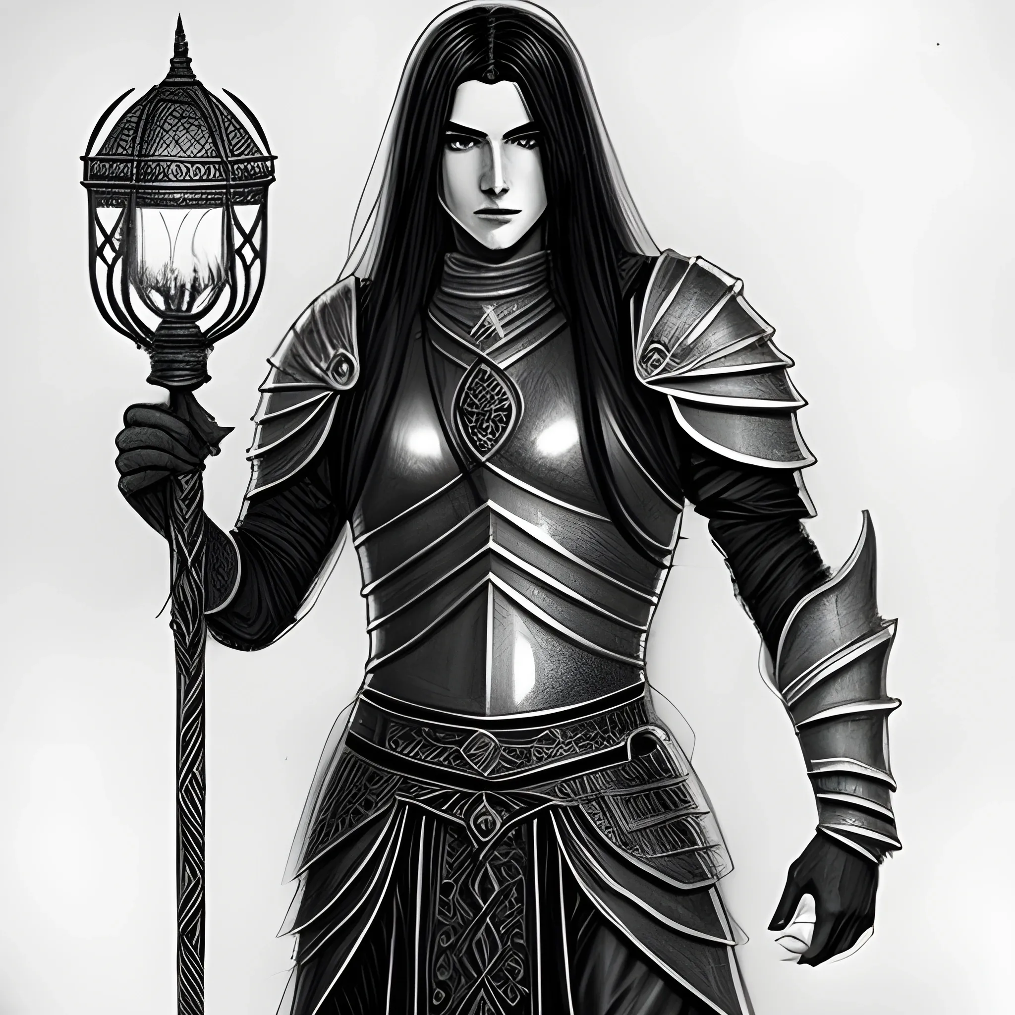 long black haired, male, aasimar, wearing leather armor, holding a djinni lamp
, Pencil Sketch