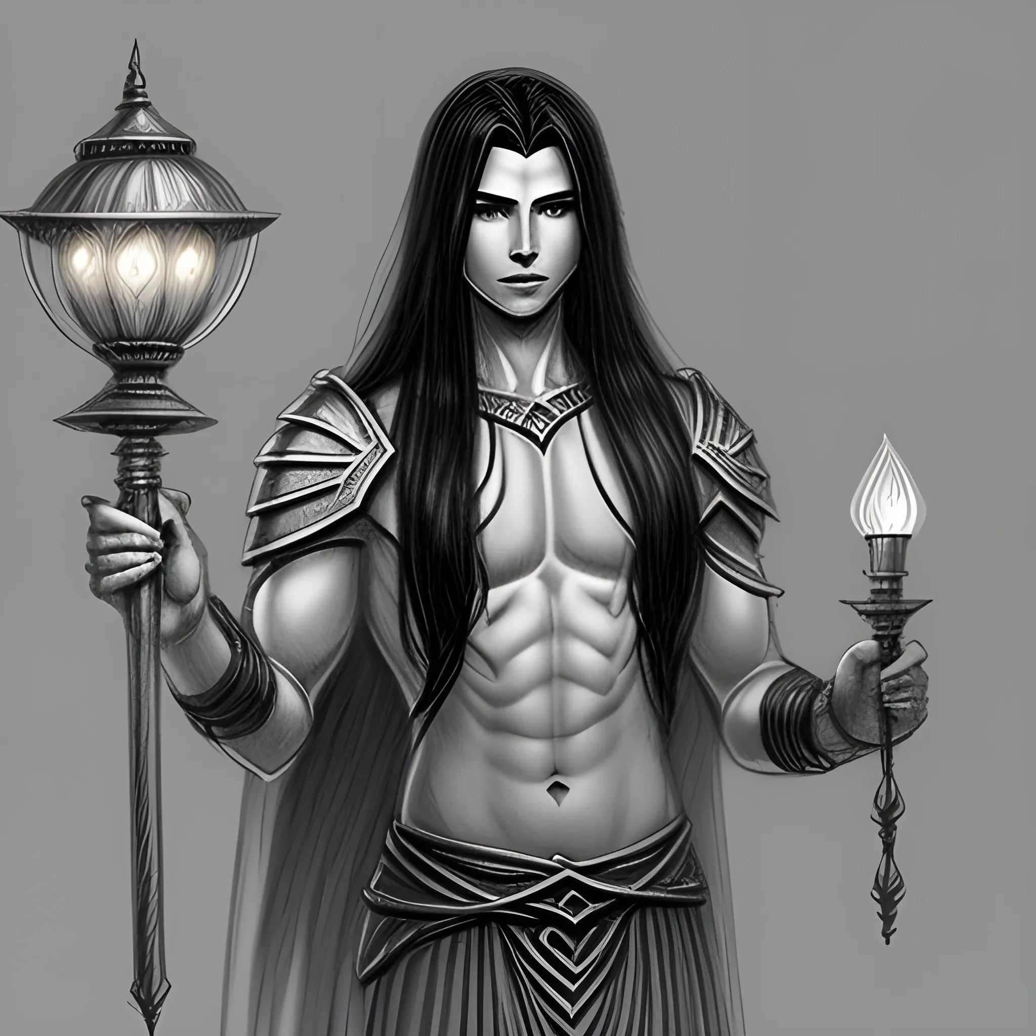 long black haired, male, aasimar, no armor, holding a djinni lamp
, Pencil Sketch