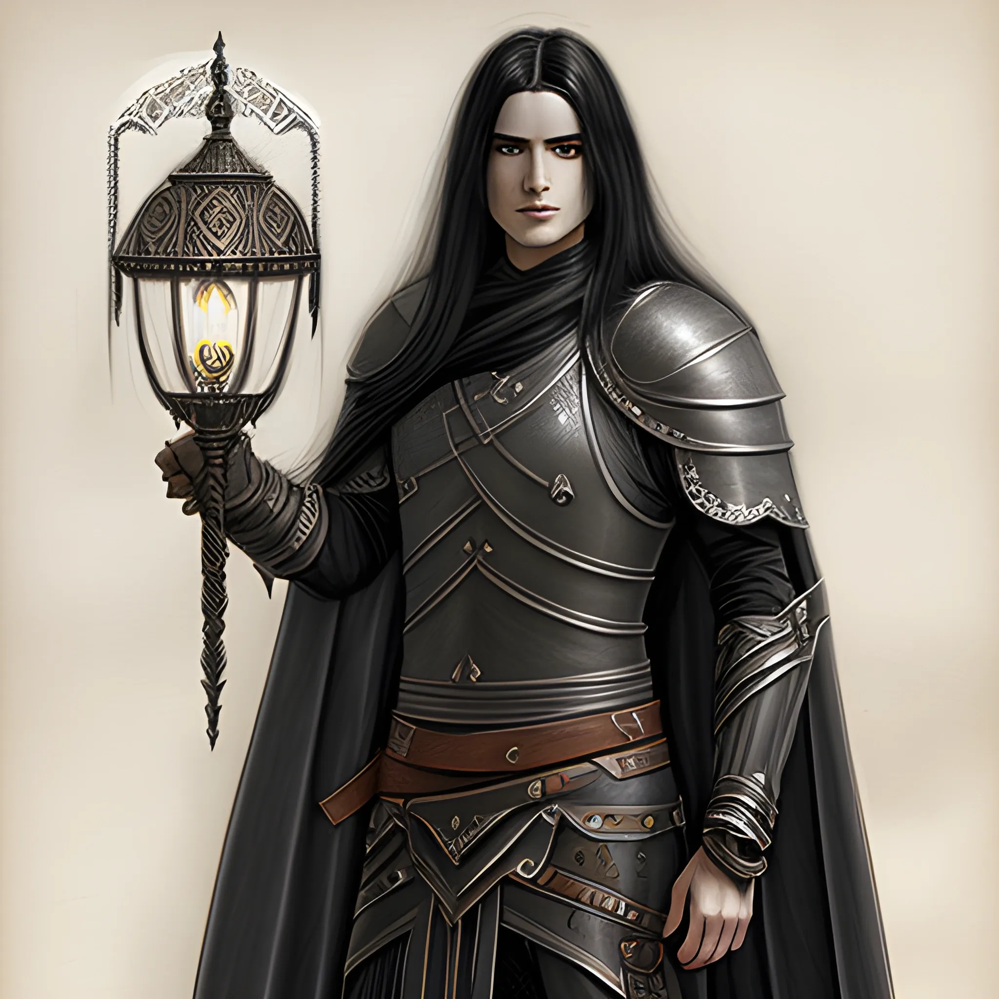long black haired, male, aasimar, leather armor, cape holding a djinni lamp
, Pencil Sketch