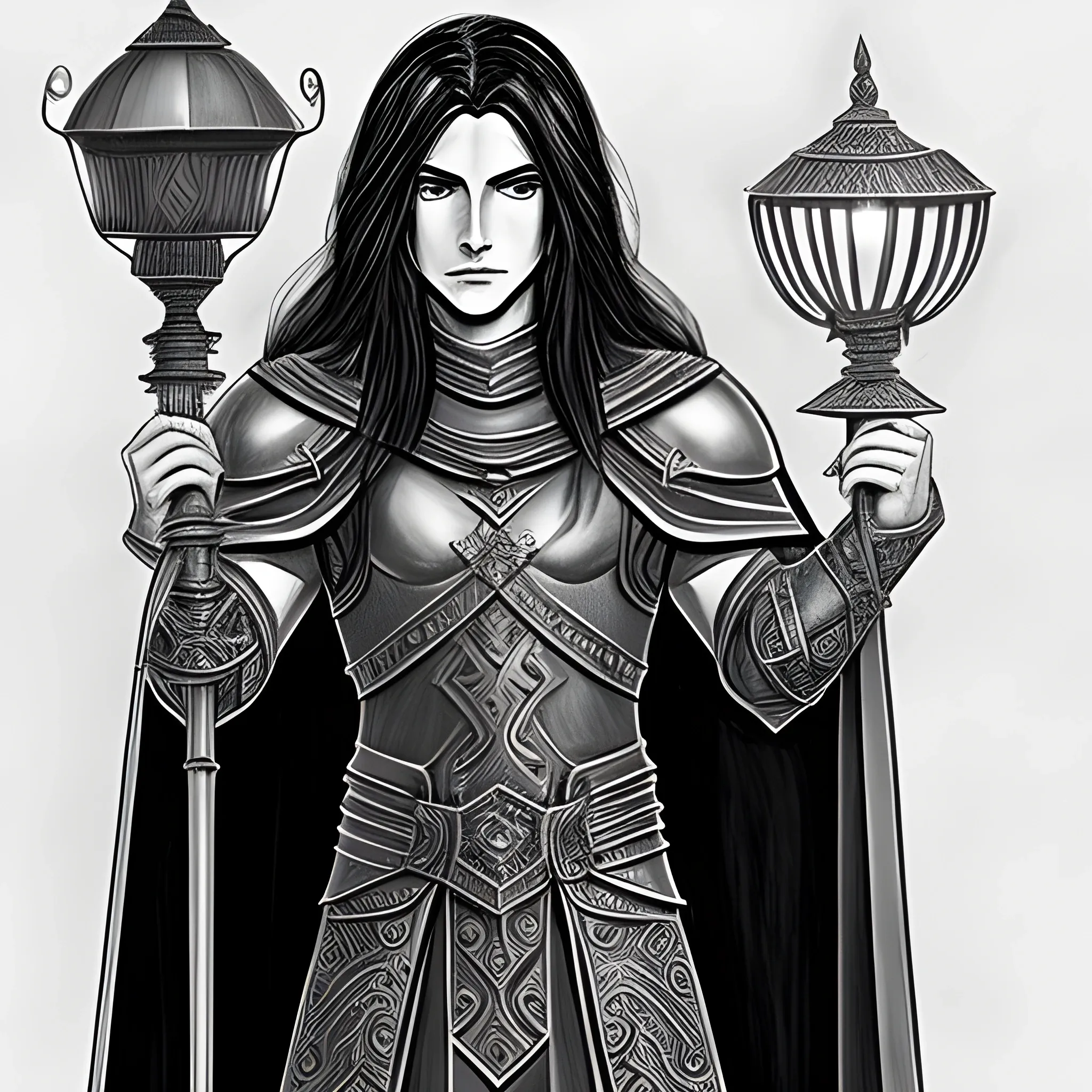 long black haired, male, aasimar, leather armor, cape holding a djinni lamp
, Pencil Sketch, Cartoon