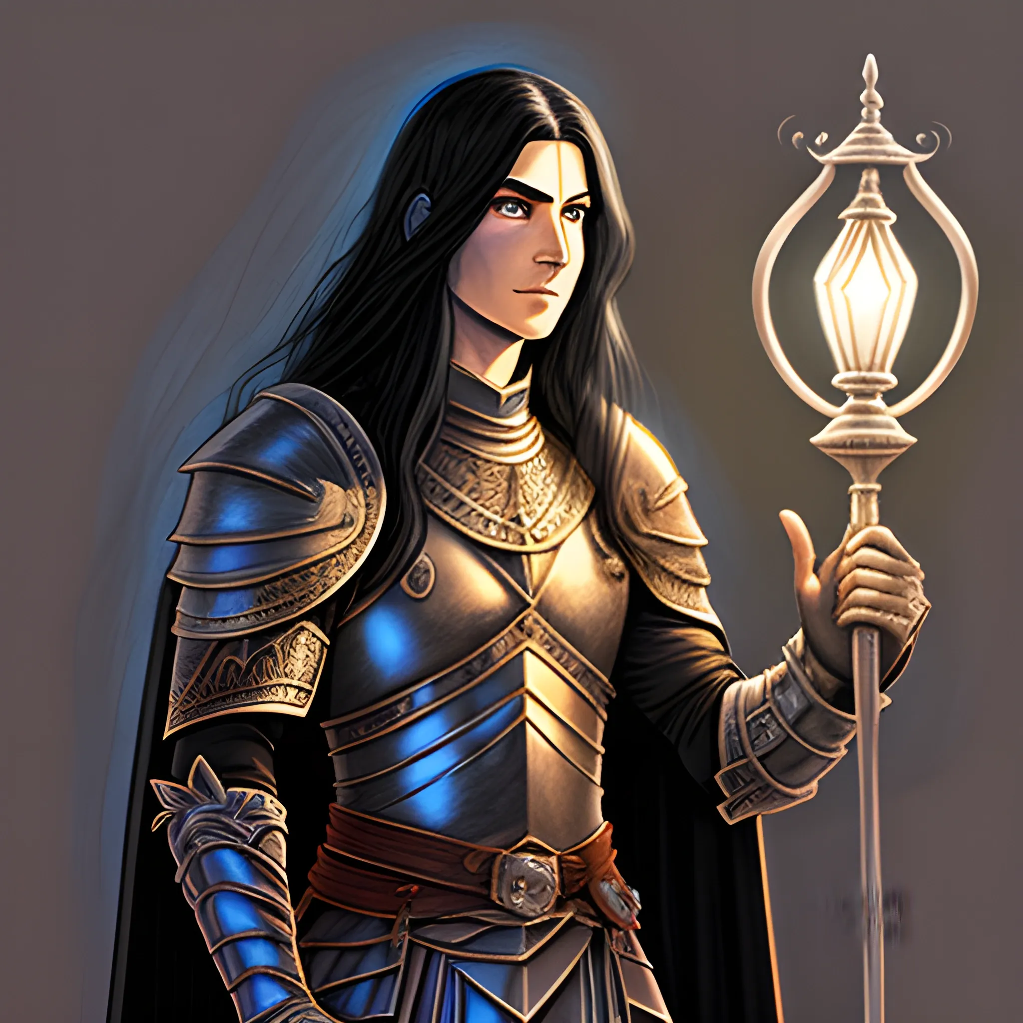 long black haired, male, aasimar, leather armor, cape holding a djinni lamp, glory
, Pencil Sketch, Cartoon