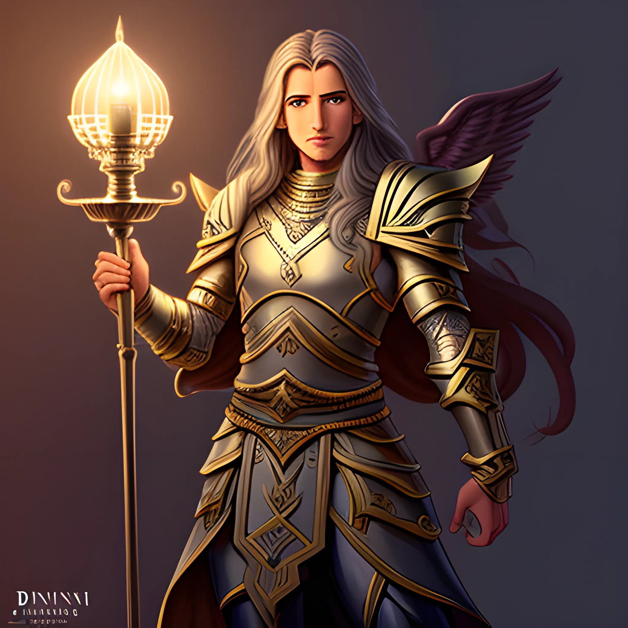male, light armored, long back haired aasimar holding djinni lamp, glory