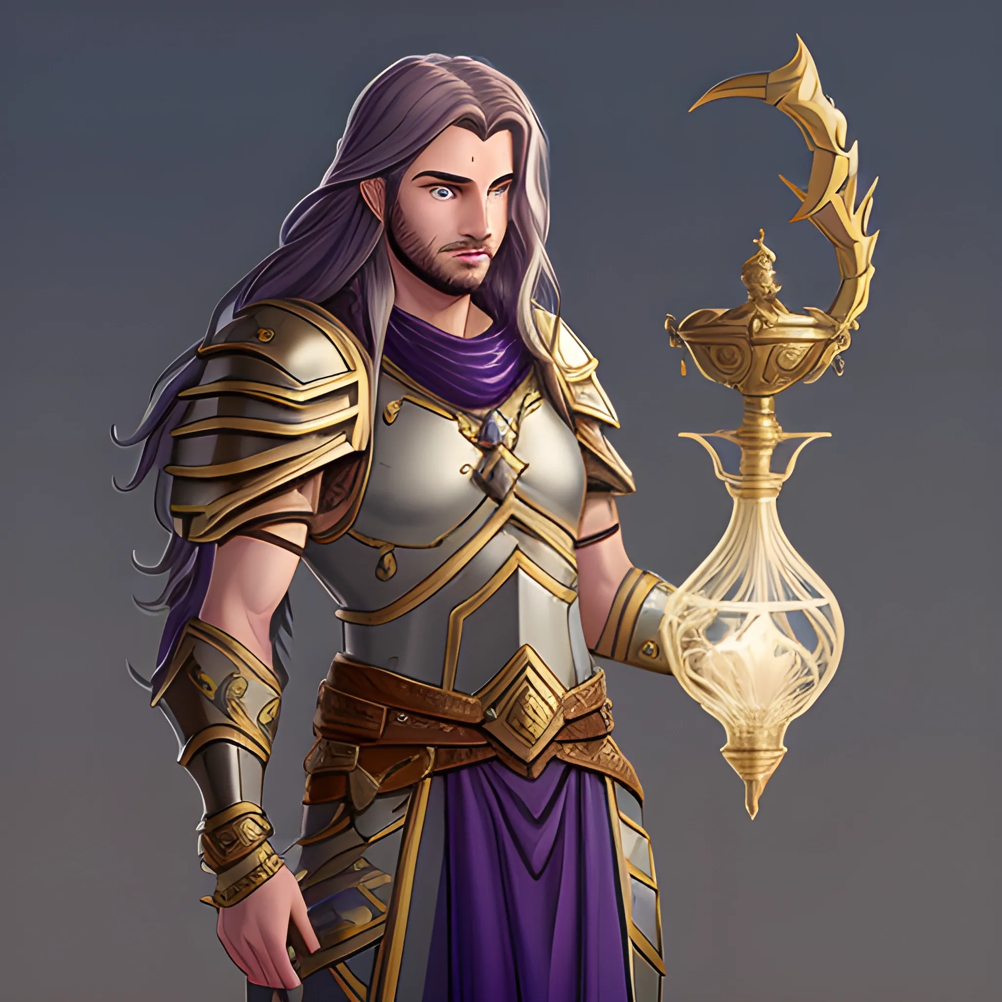 male, light armored, long back haired aasimar holding genie lamp, glory