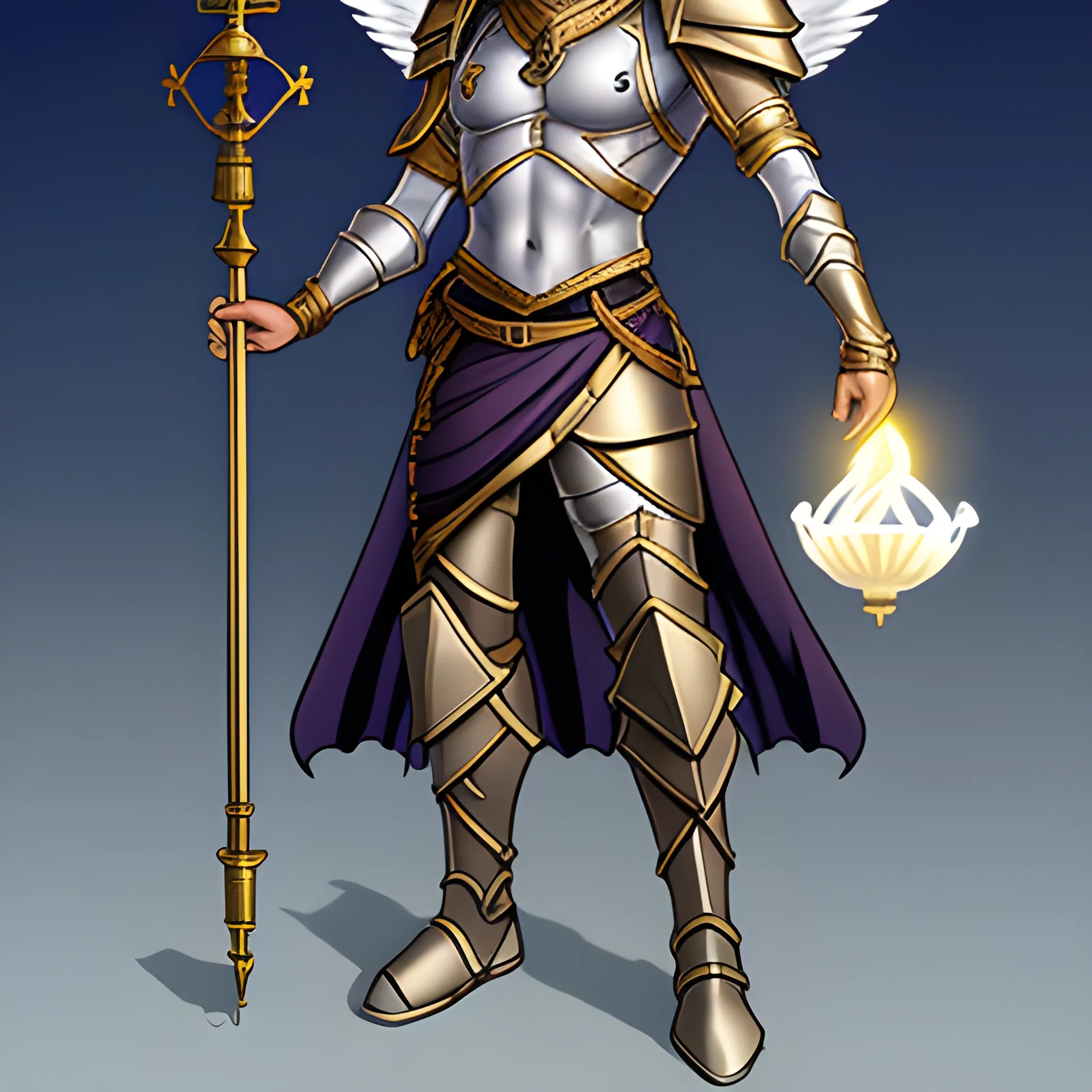 male, light armored, long back haired aasimar holding genie lamp, glory, Cartoon