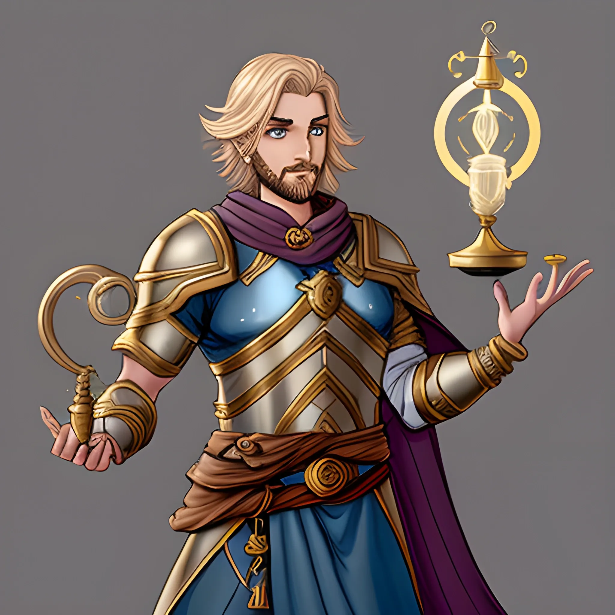male, light armored, long back hair, aasimar, holding genie lamp, glory, Cartoon