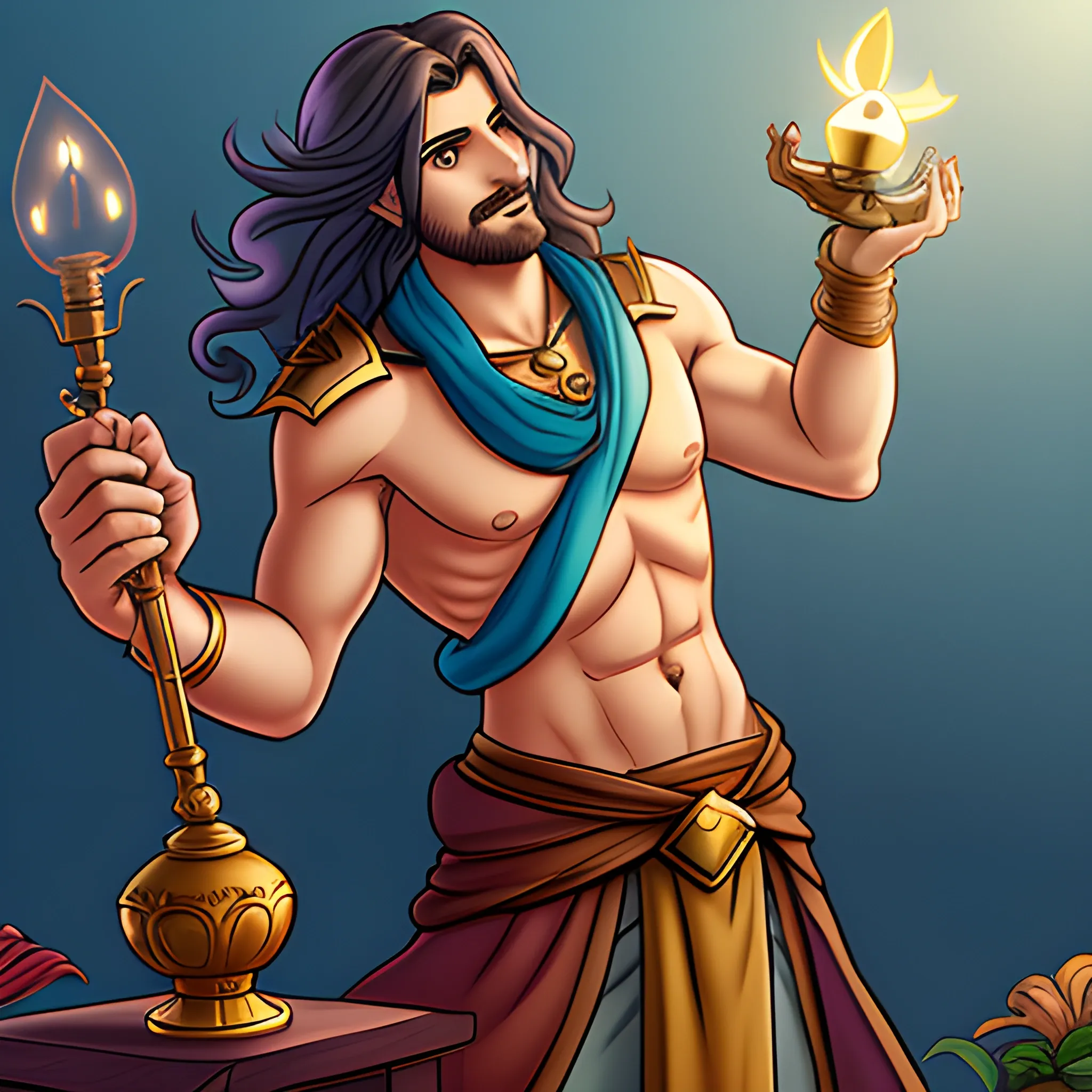 male, long back haired, aasimar, holding genie lamp, glory, Cartoon