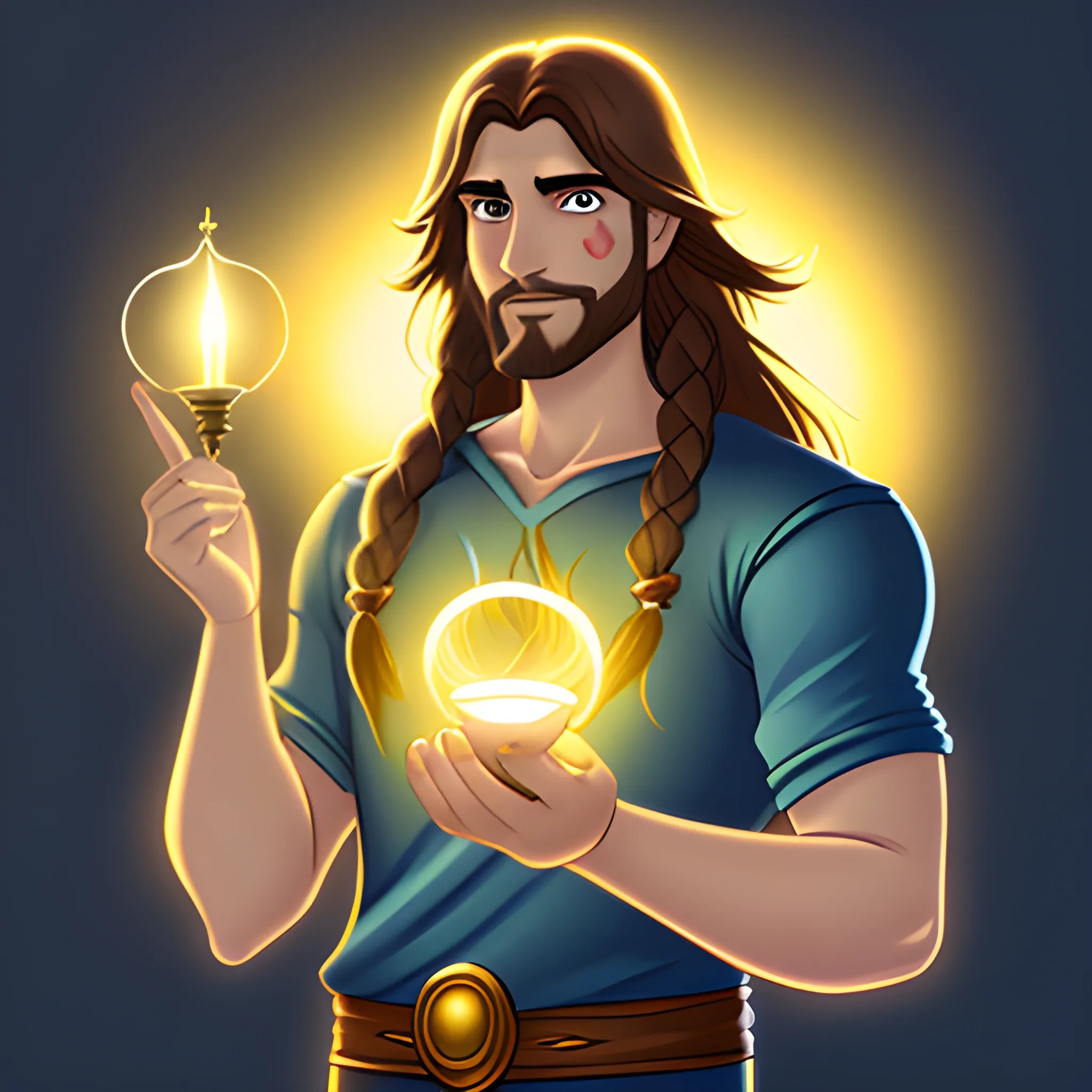 male, long back haired, aasimar, holding genie lamp, radiating light, Cartoon