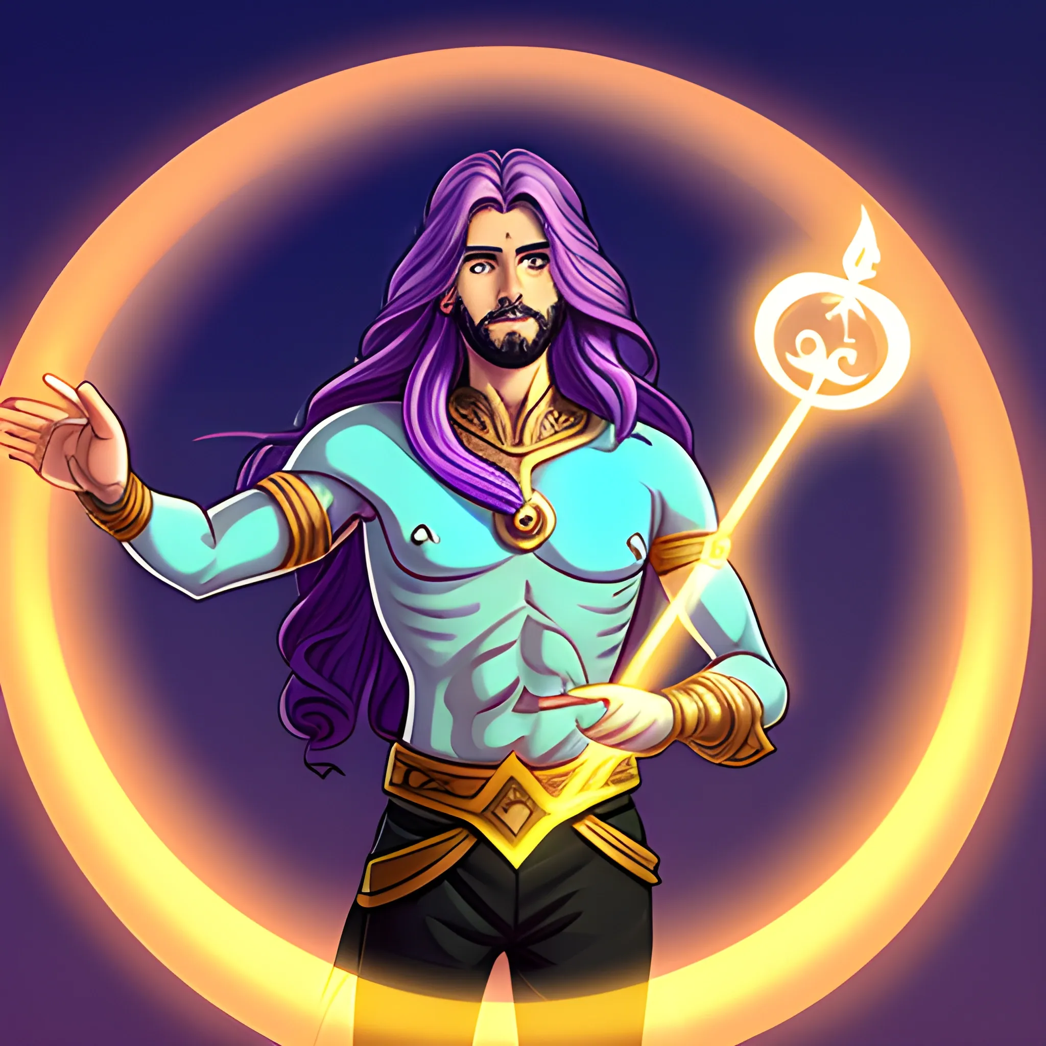 male, long back haired, aasimar, holding genie lamp, radiating light, Cartoon, Trippy