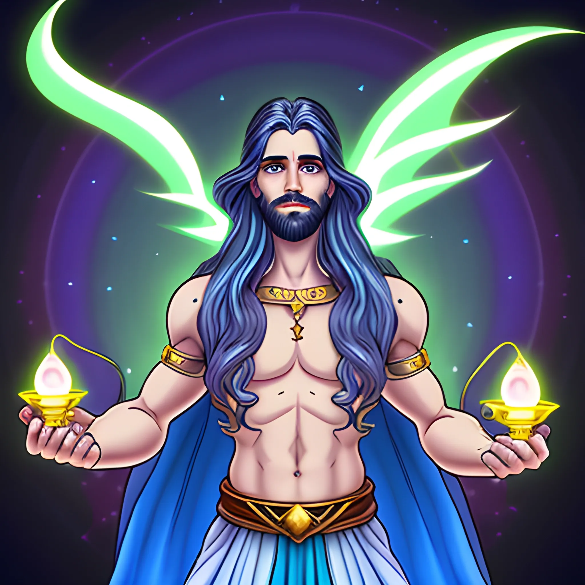 male, long back haired, aasimar, holding genie lamp, radiating light, Cartoon, Trippy