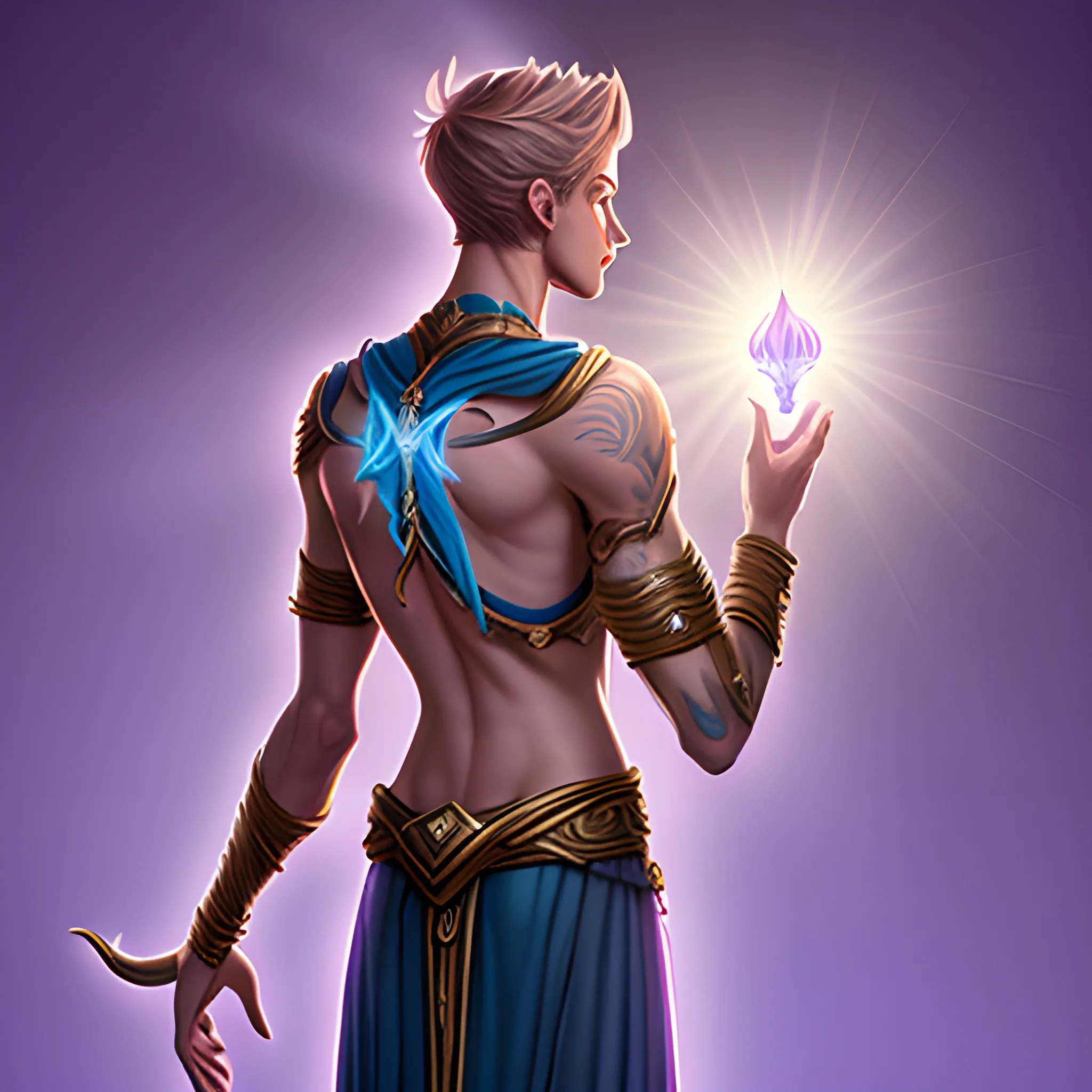 male, skinny, back haired, aasimar, holding genie lamp, radiating light, Trippy