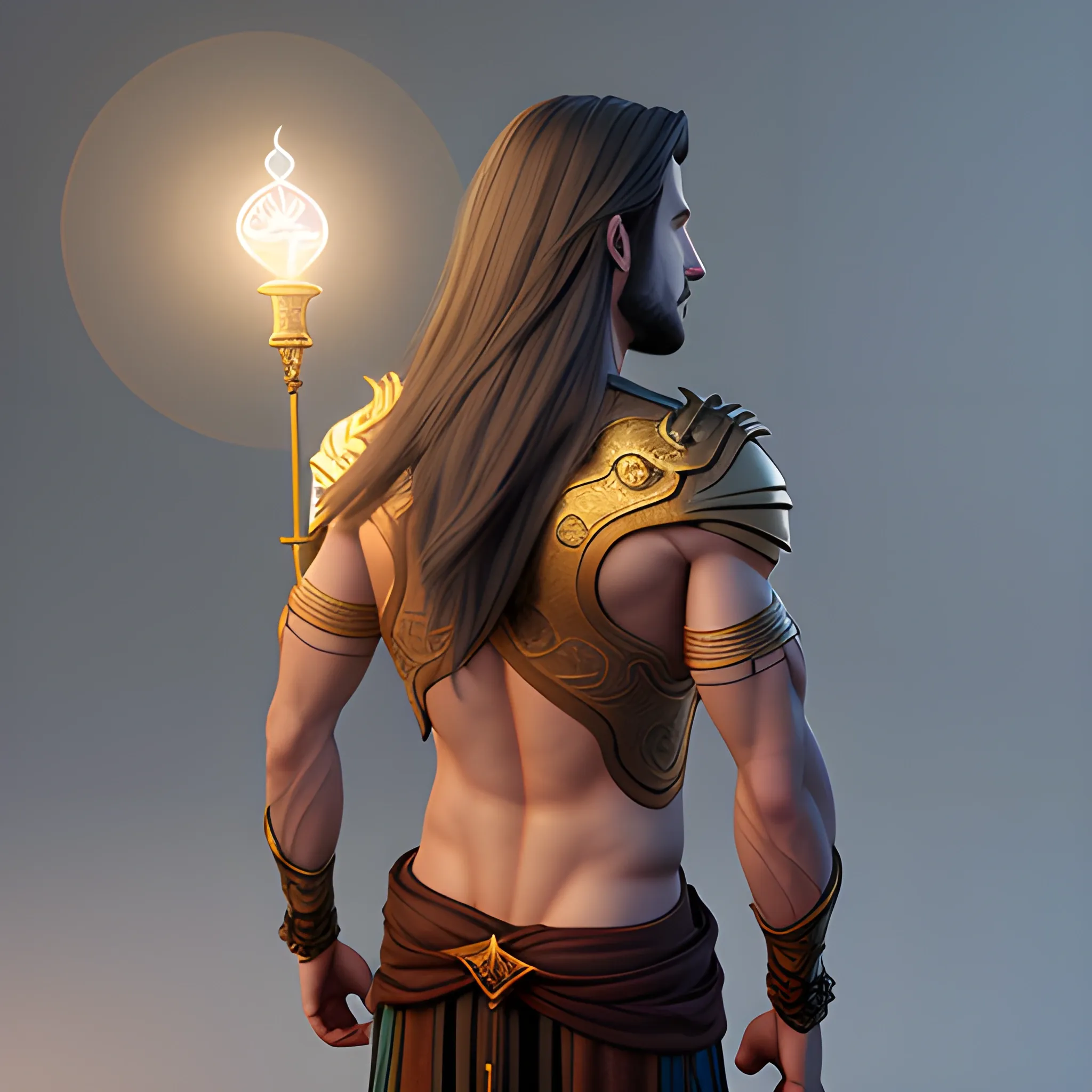 male, skinny, back long haired, aasimar, holding genie lamp, radiating light , 3D