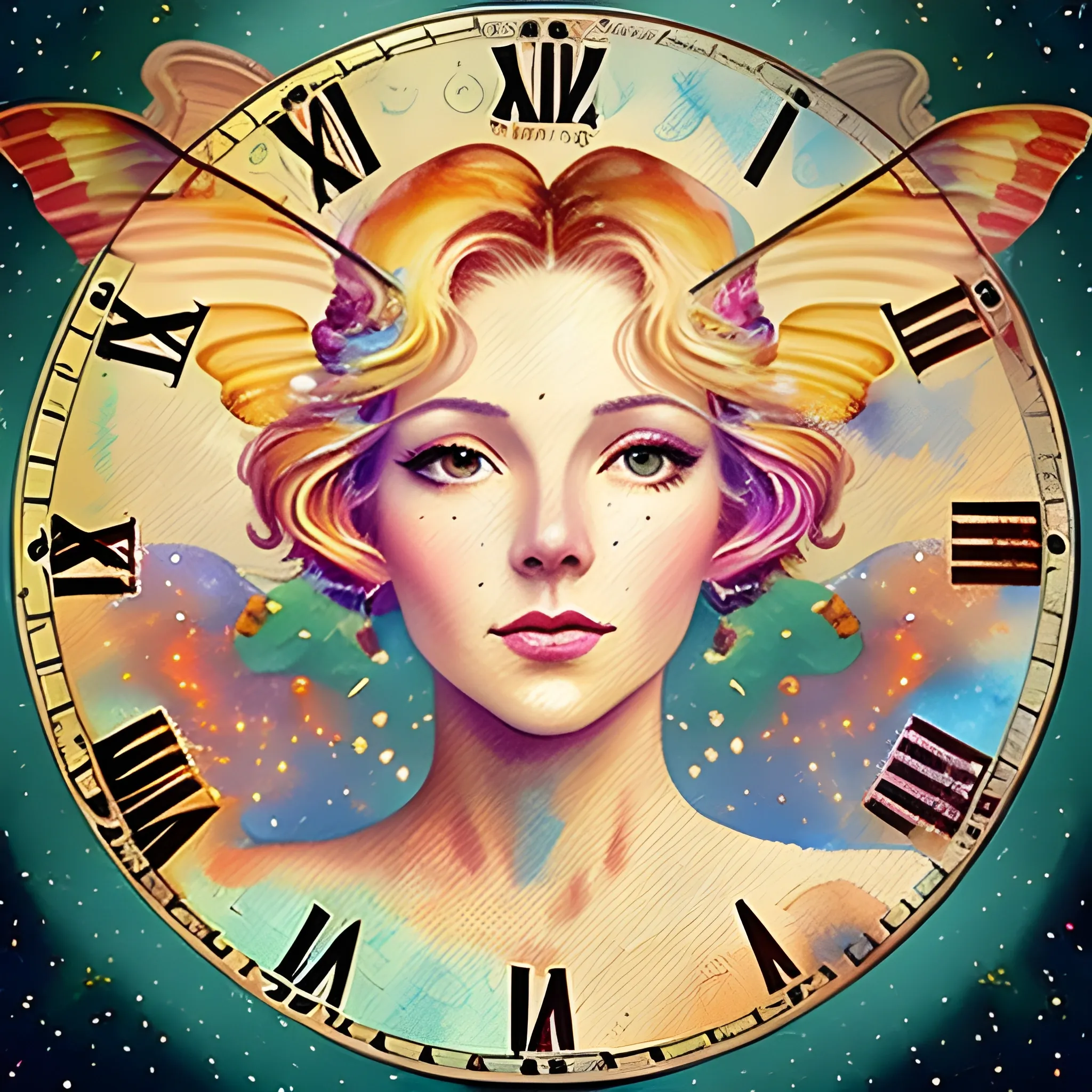 A woman's face in a similar style and technique as the image sent by the user, but using watercolor paints, blurring, and splashes, and facing straight, with blond hair and more colors, and flying colorful butterflies, and slightly aged, and more vintage clocks, and a constellation in the background, and beautiful angel wings, and steampunk elements, and more details, and more space in the background, 3D, Oil Painting