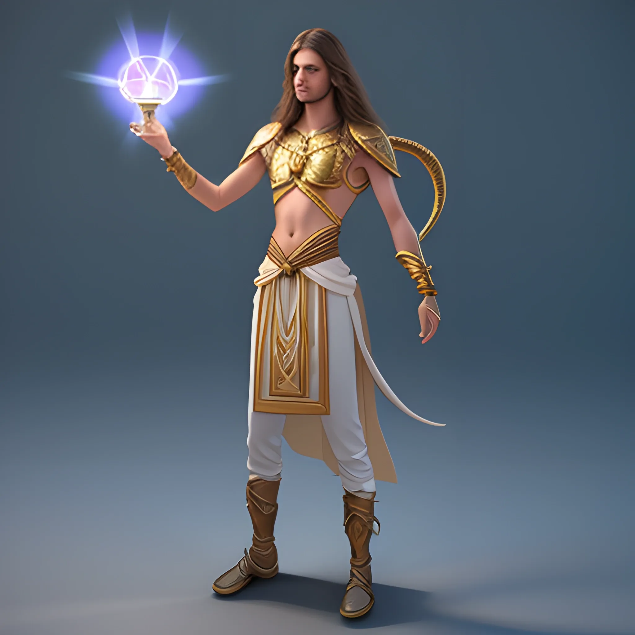 male, skinny, back long haired, aasimar, holding genie lamp, radiating light , 3D