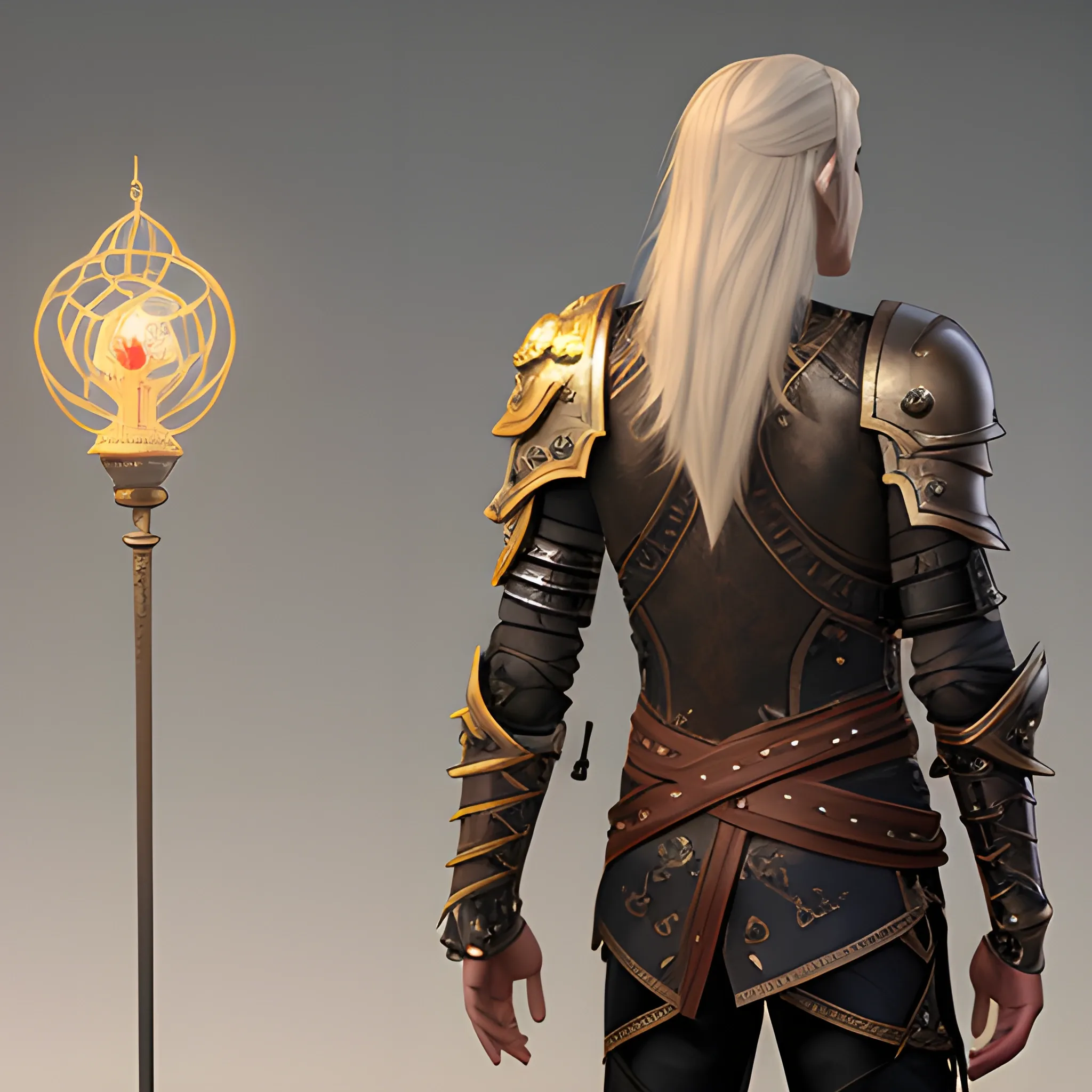 male, skinny, leather armored, back long haired, aasimar, holding genie lamp, radiating light , 3D
