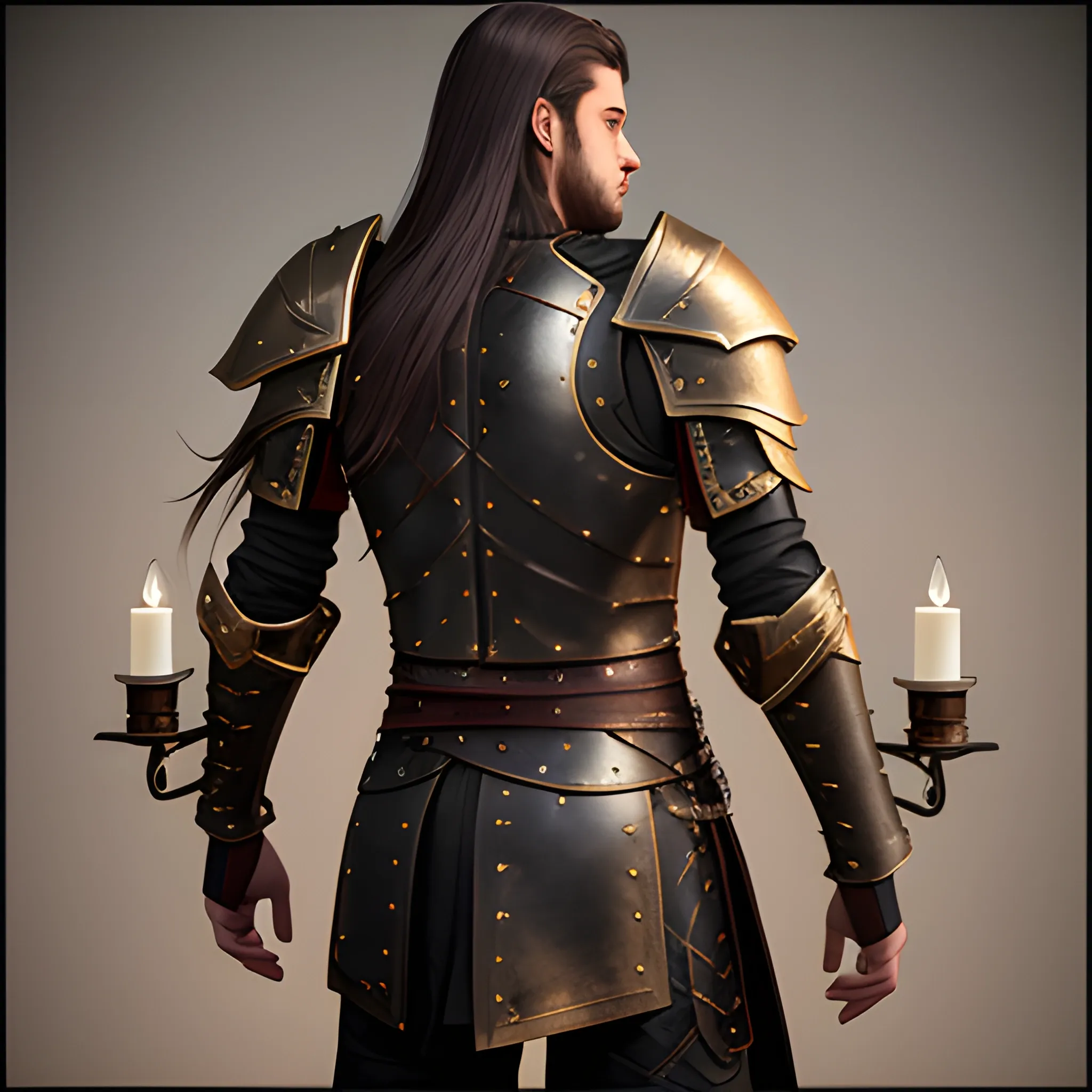 male, skinny, leather armored, back long haired, aasimar, holding oil lamp, radiating light , 3D