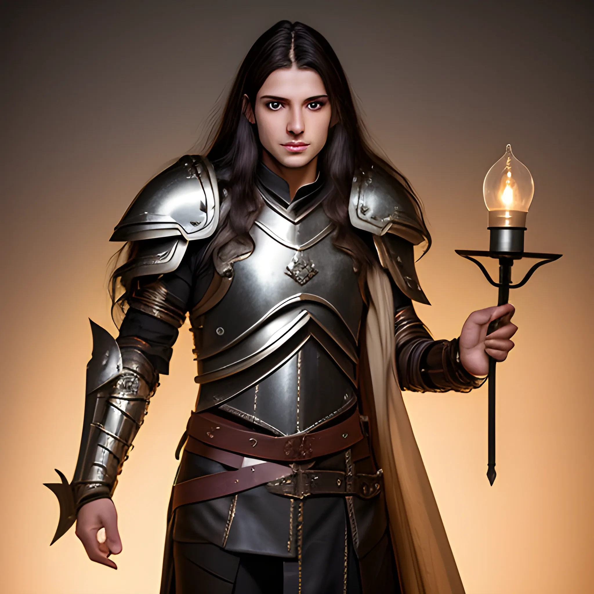 male, skinny, leather armored, back long haired, aasimar, holding oil lamp, radiating light , front
