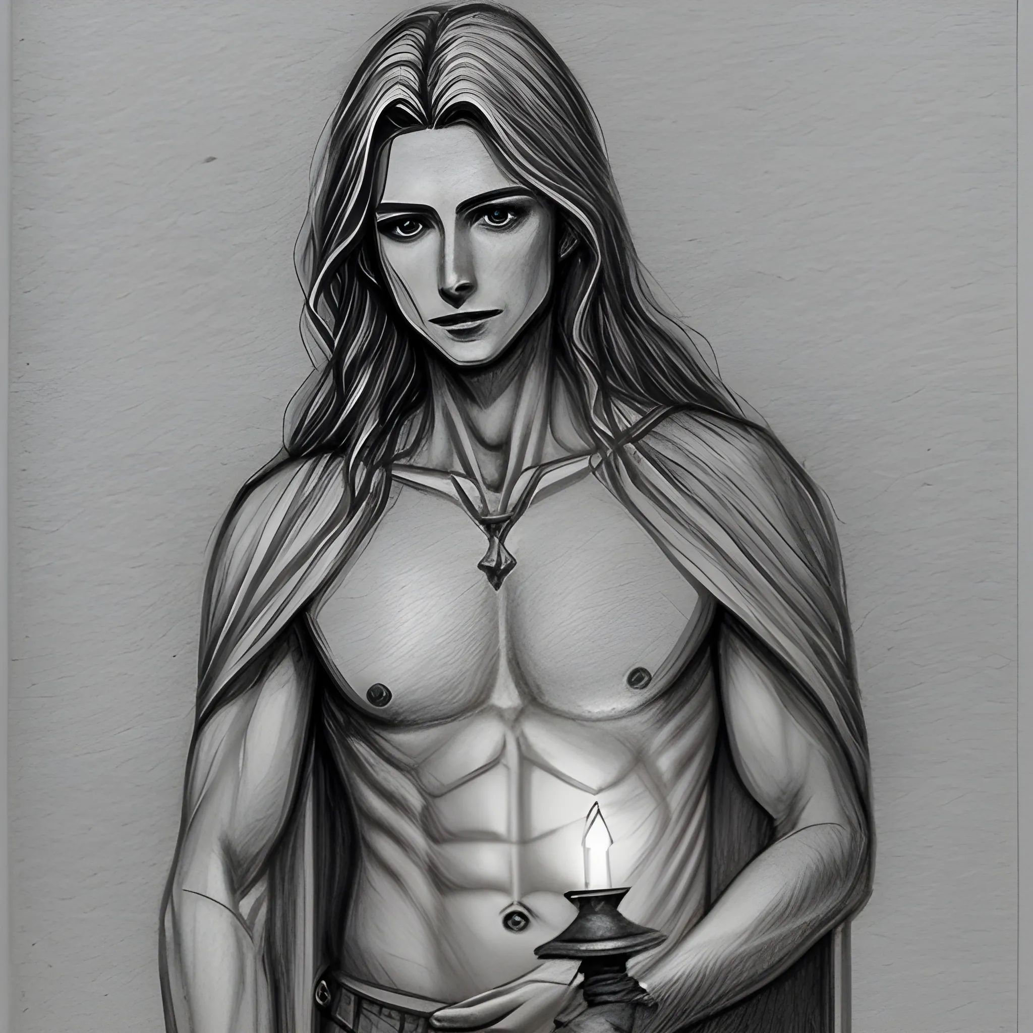 male, skinny, back long haired, aasimar, holding oil lamp, radiating light , front, Pencil Sketch